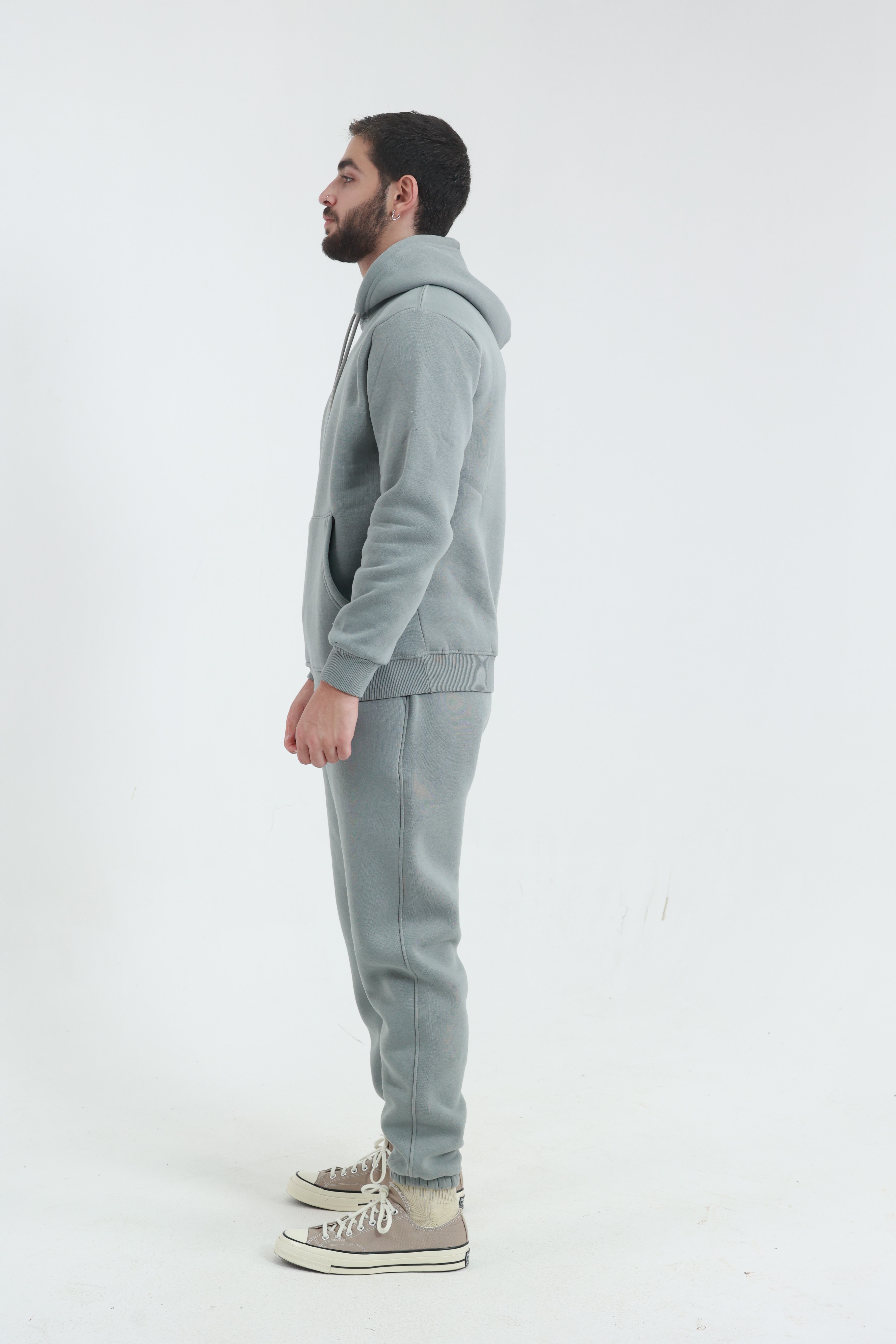 Gri Penye Regular Fit Kanguru Cepli Sweatshirt 3 İplik Eşofman Takım