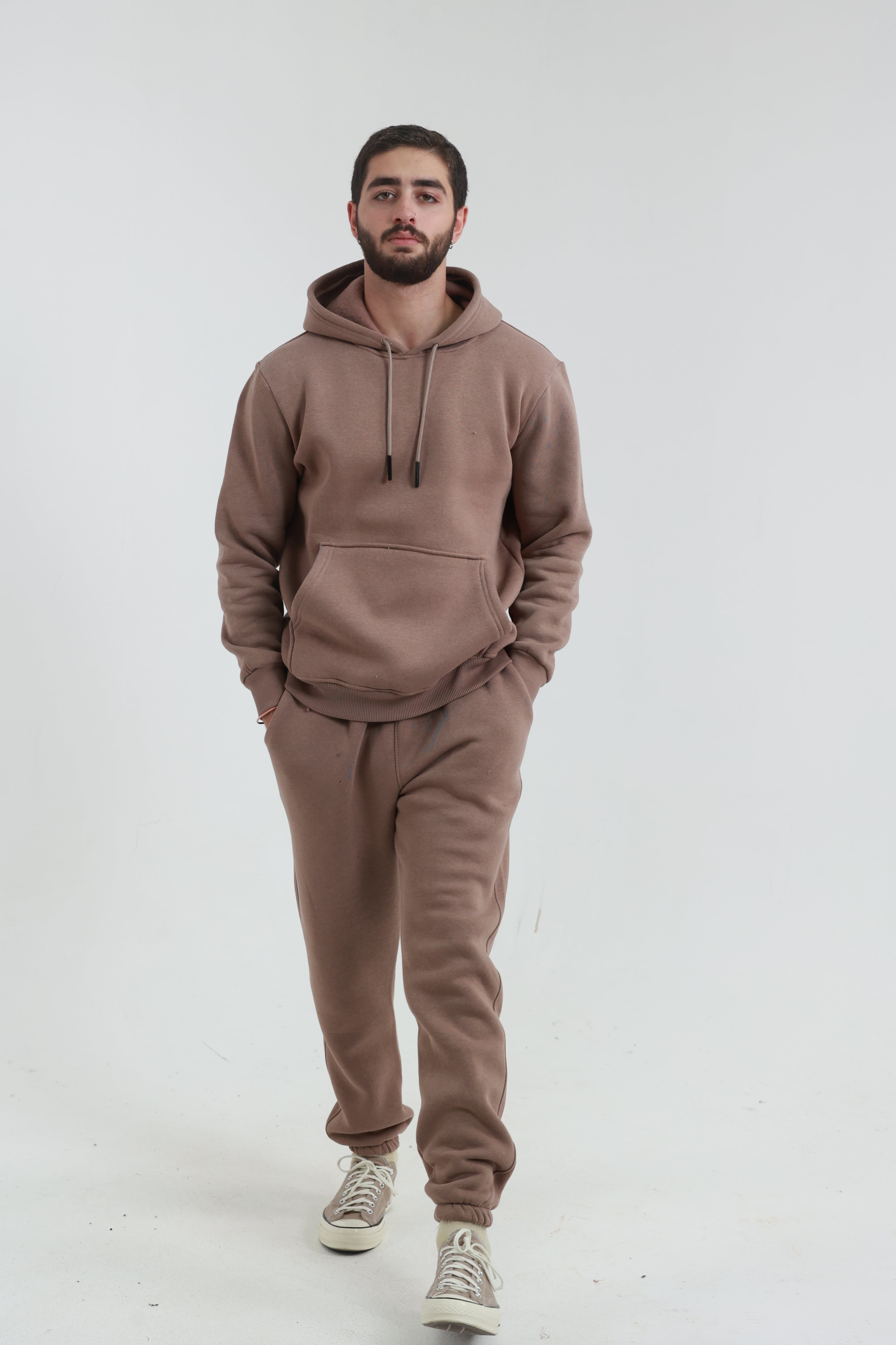 Kahverengi Penye Regular Fit Kanguru Cepli Sweatshirt 3 İplik Eşofman Takım