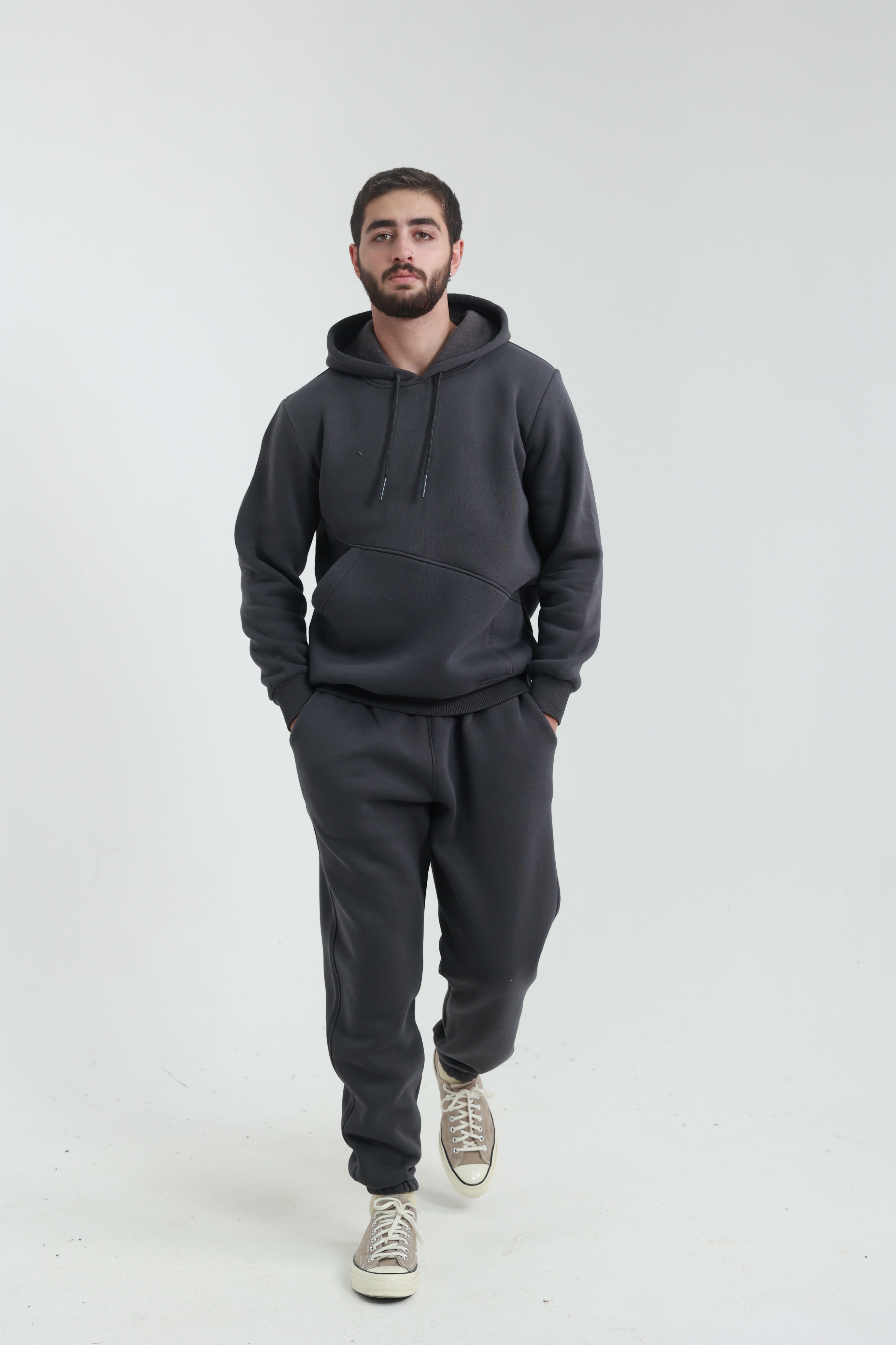 Koyu Füme Erkek Penye Regular Fit Yandan Cepli Sweatshirt 3 İplik Eşofman Takım