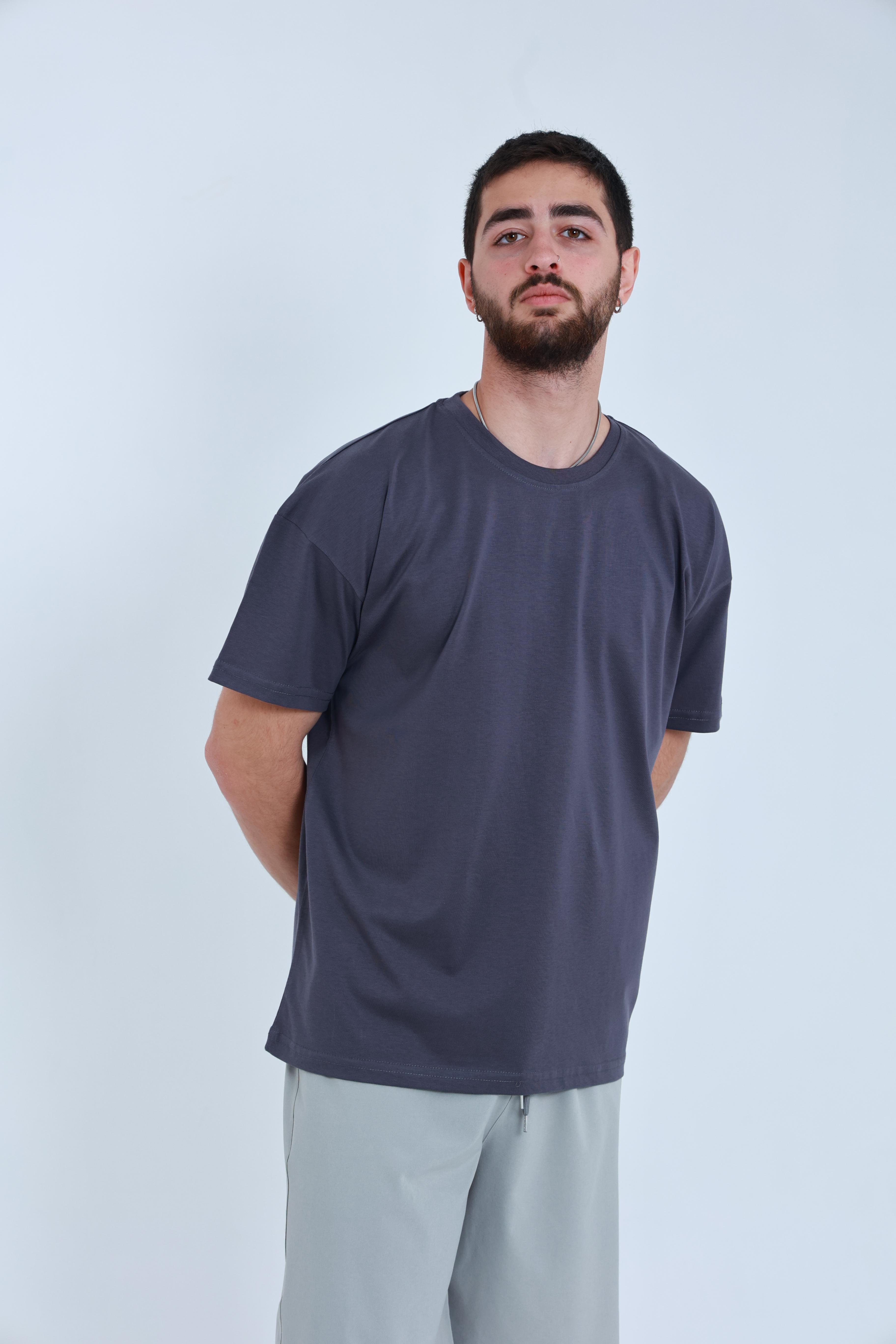 Erkek Penye Oversized T-Shirt Füme