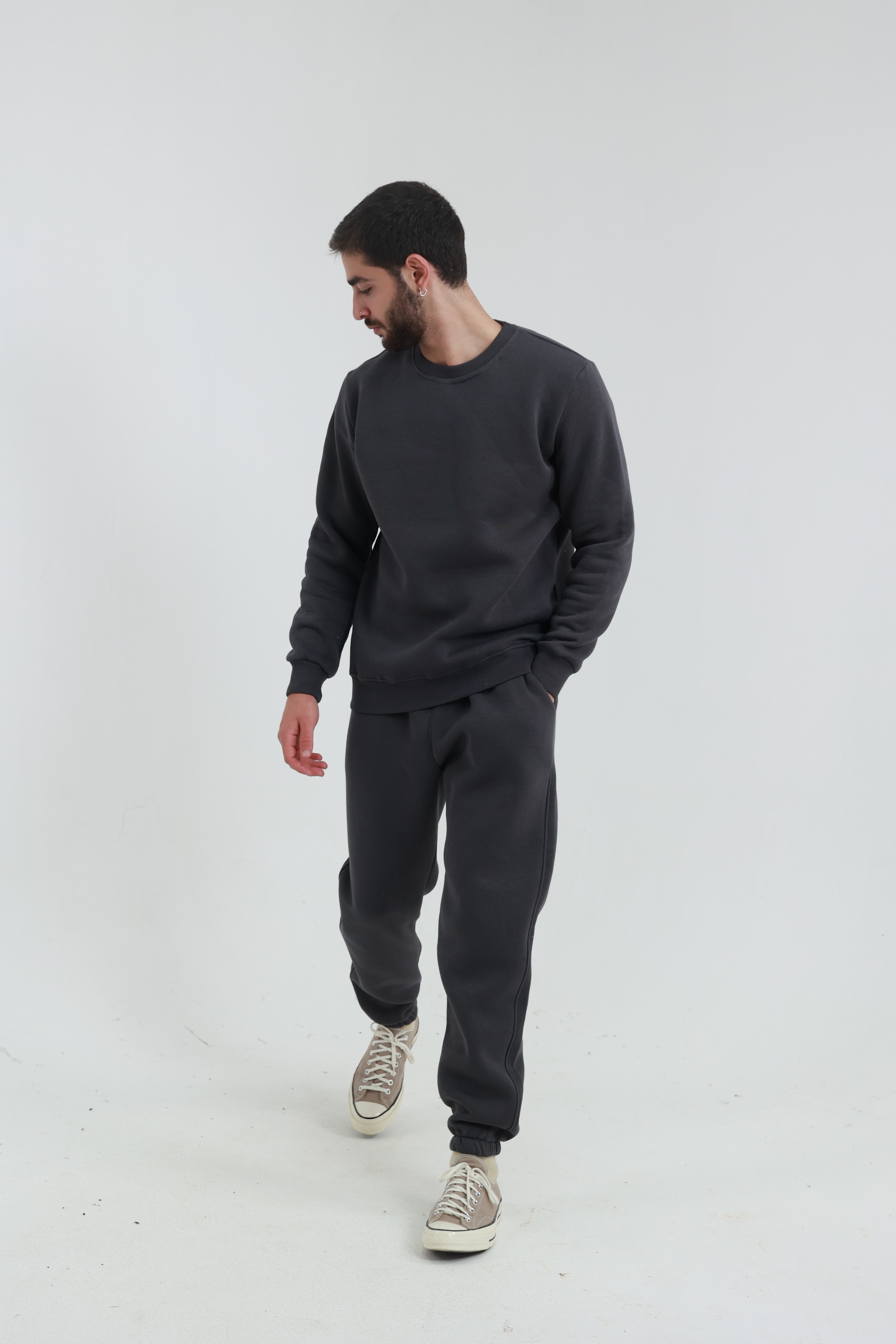 Koyu Füme Penye Regular Fit Bisiklet Yaka 3 İplik Eşofman Takım