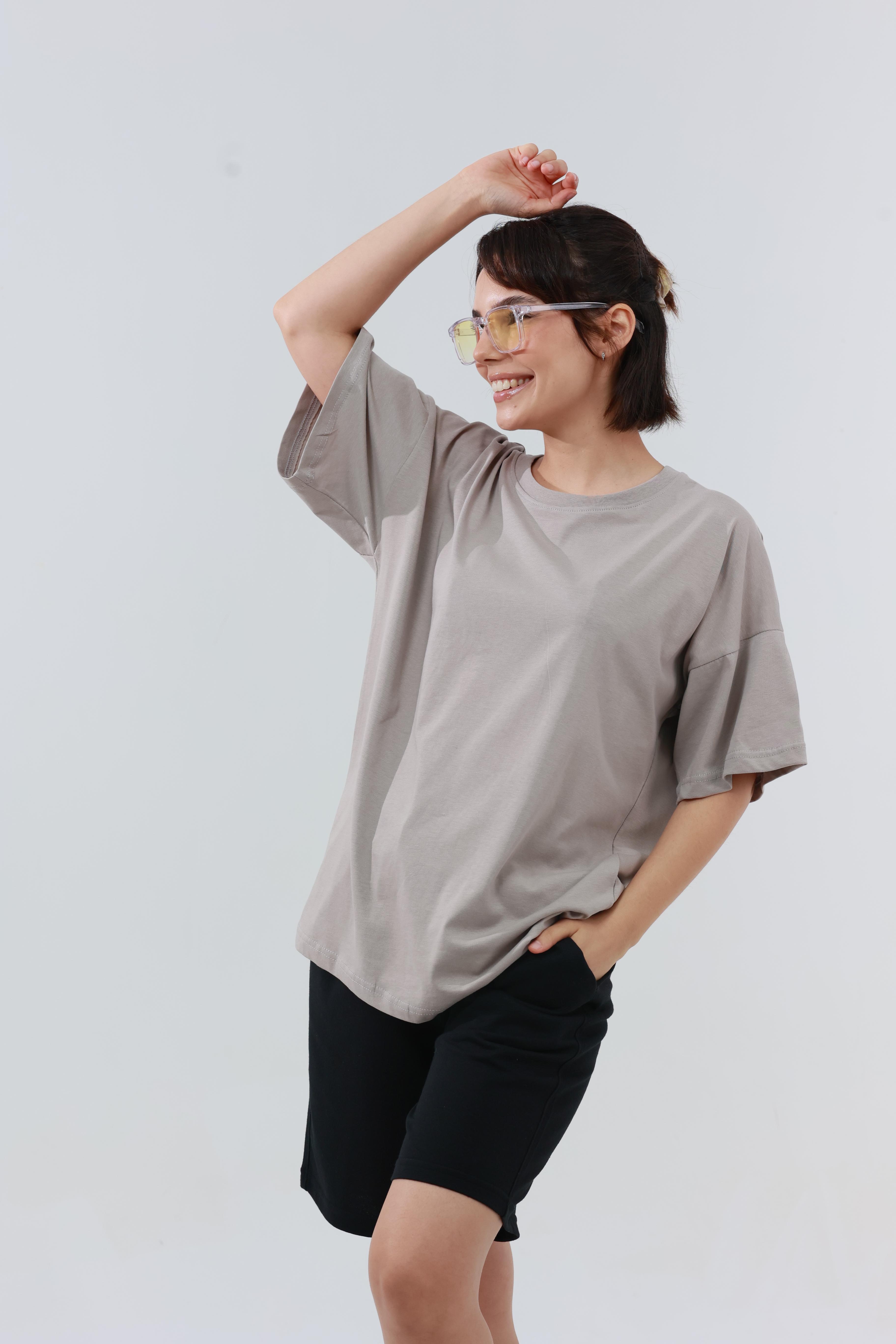 Kadın Penye Oversized T-Shirt Bej