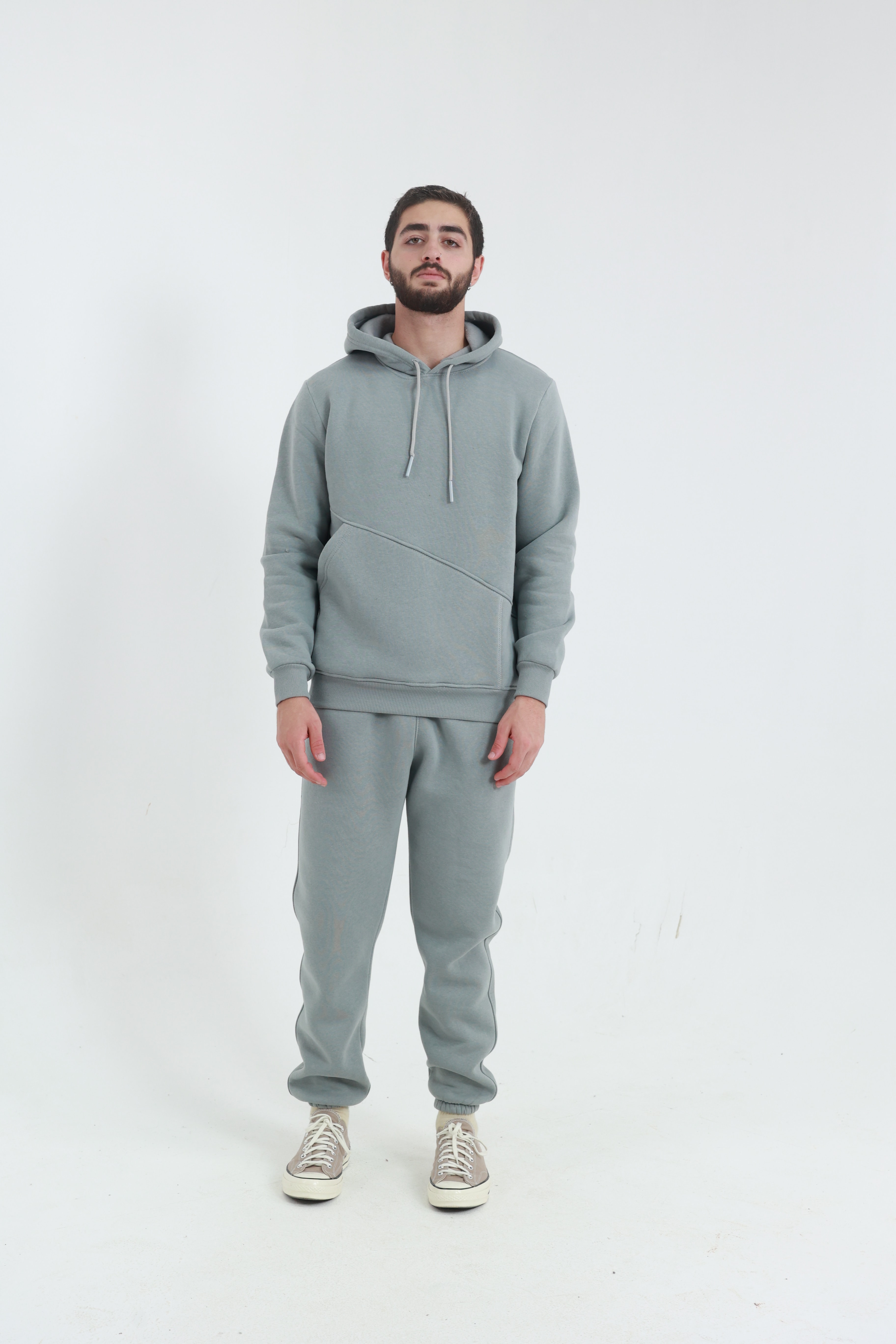 Gri Erkek Penye Regular Fit Yandan Cepli Sweatshirt 3 İplik Eşofman Takım