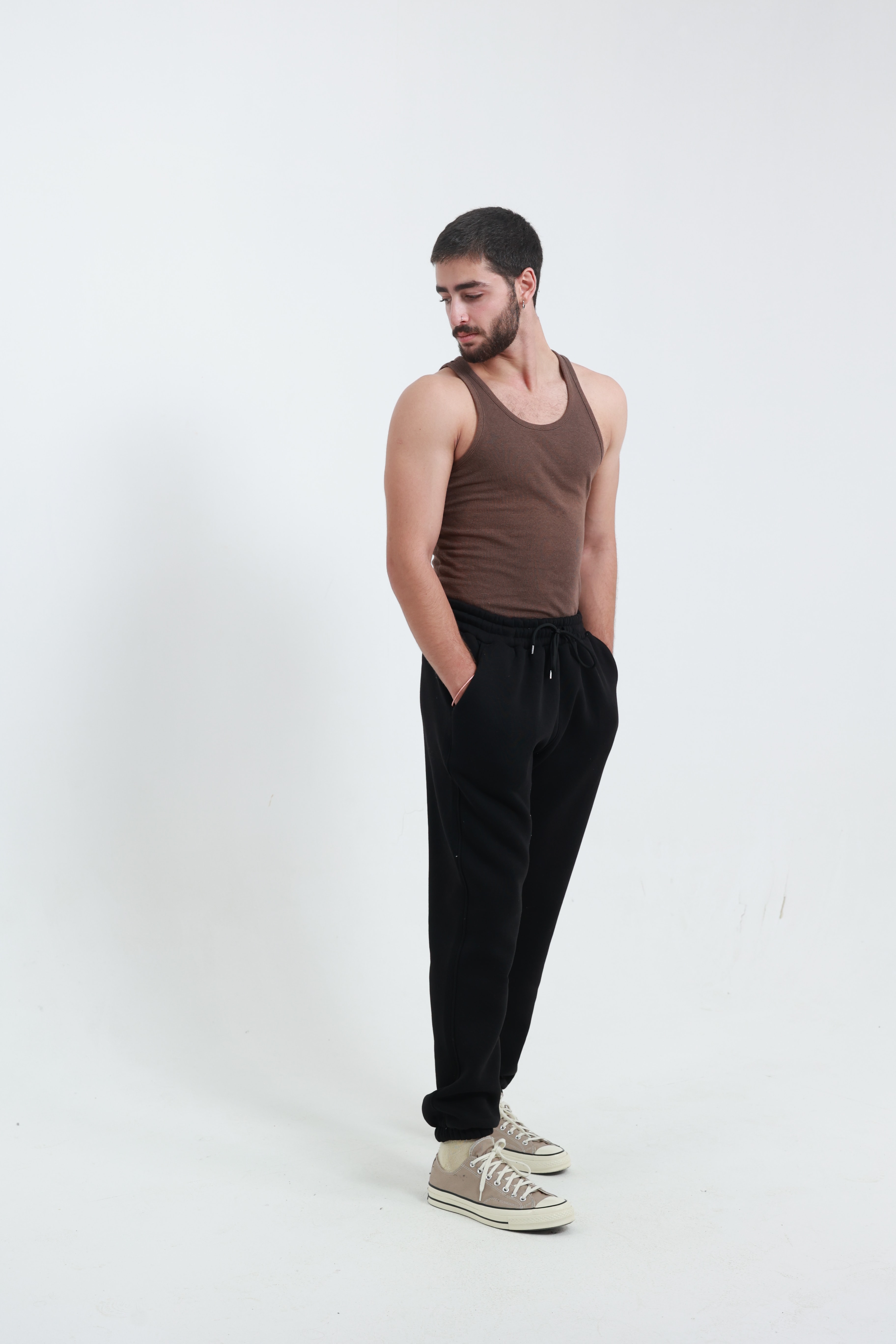 Siyah Erkek Penye Regular Fit 3 İplik Eşofman Altı