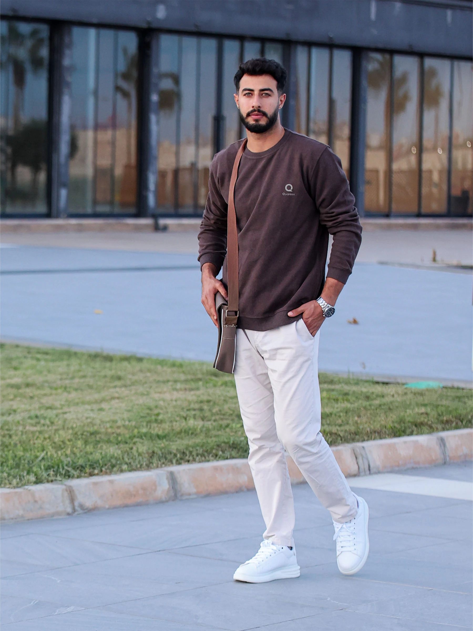 Kahverengi Quanlex Selanik Kumaş Bisiklet Yaka Sweatshirt