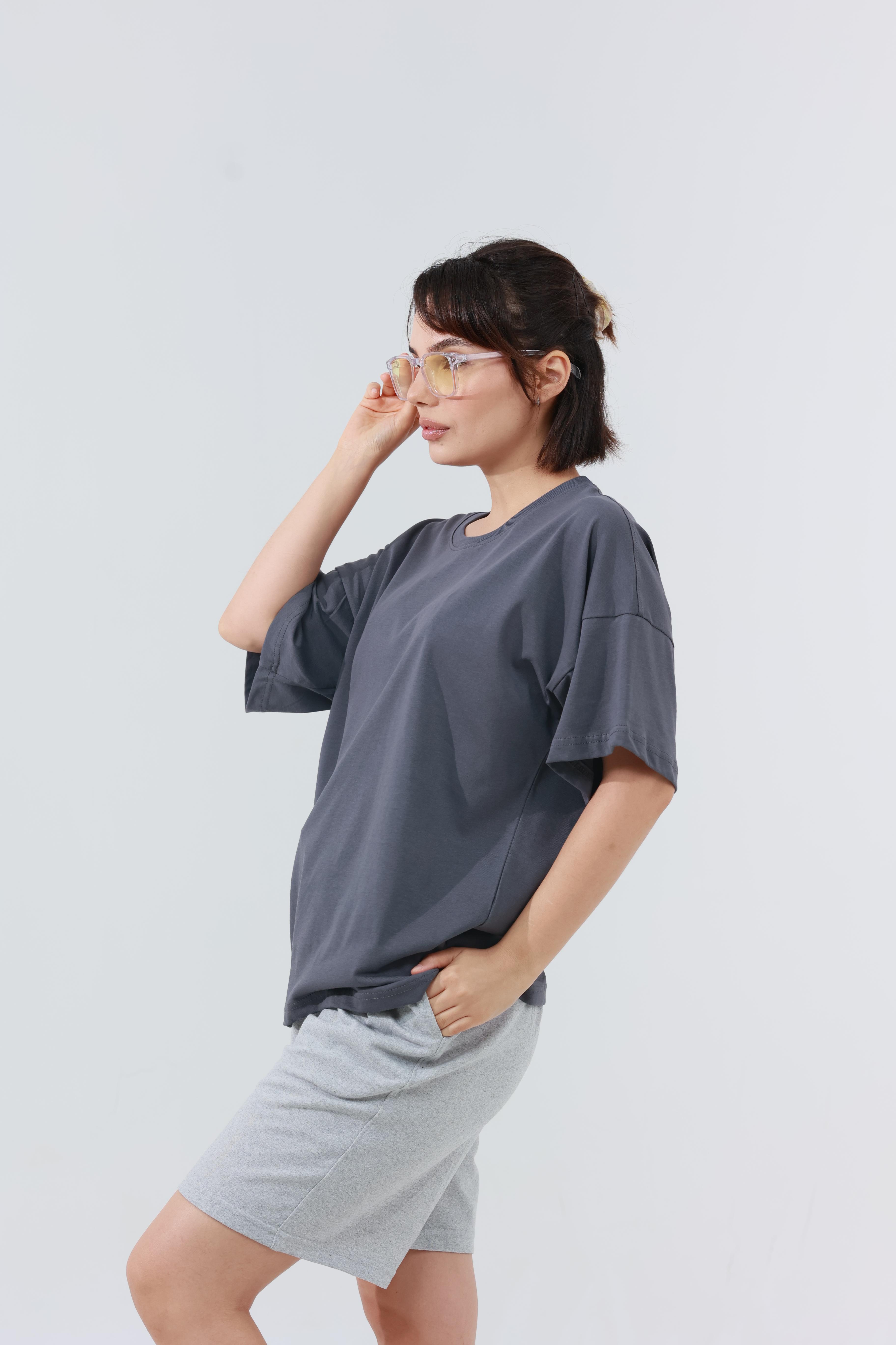 Kadın Penye Oversized T-Shirt Füme