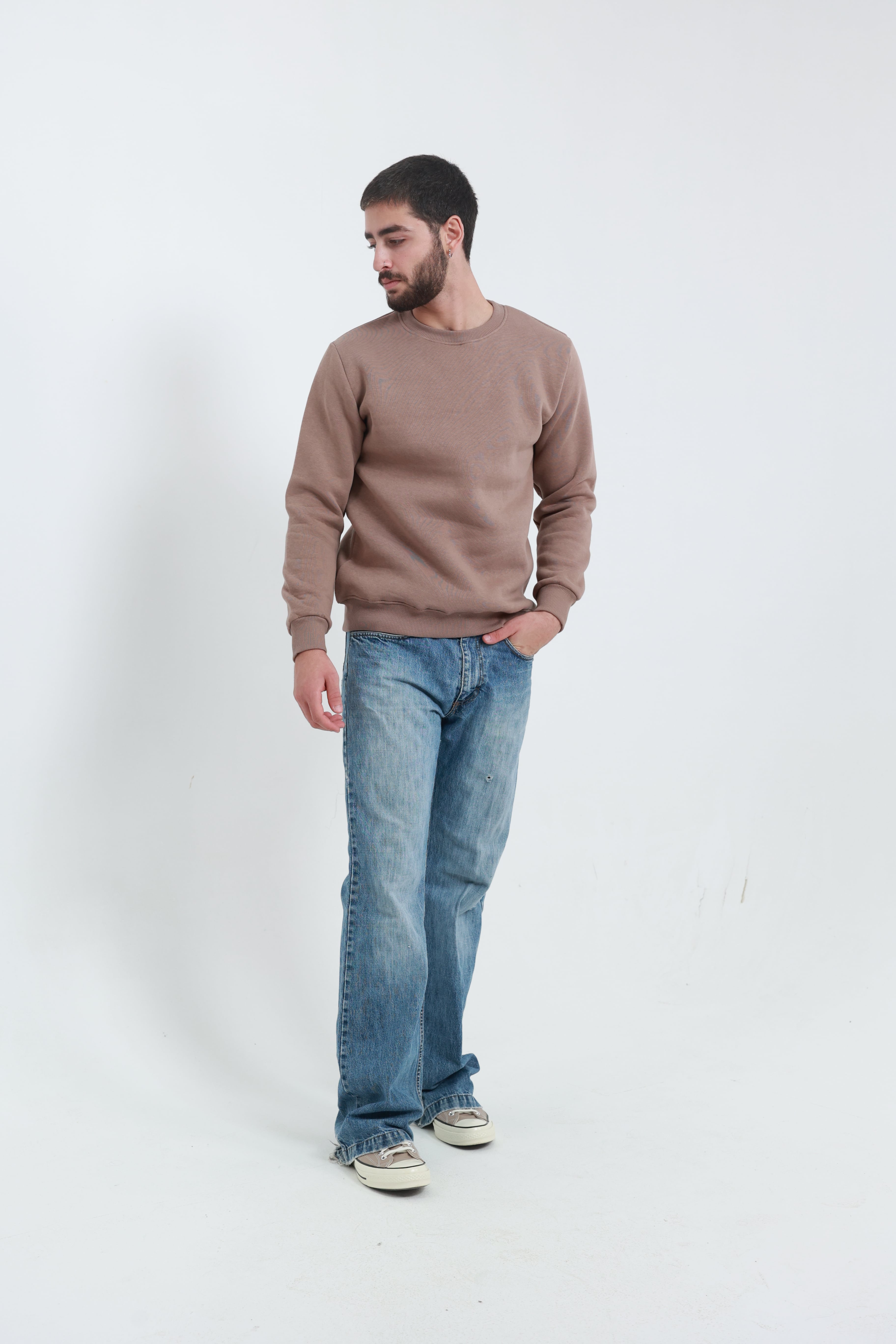 Kahverengi Erkek Bisiklet Yaka Sweatshirt