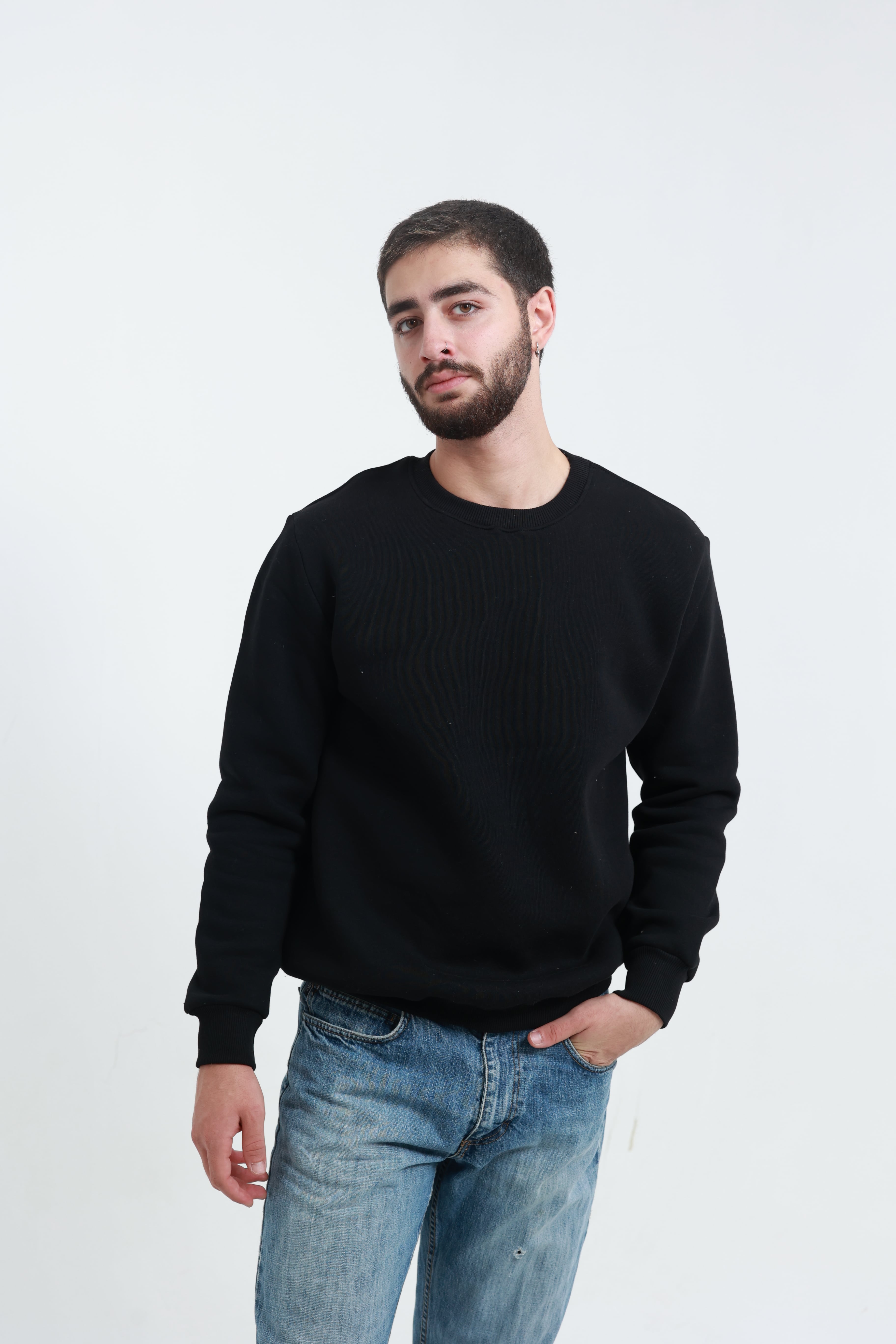 Siyah Erkek Bisiklet Yaka Sweatshirt