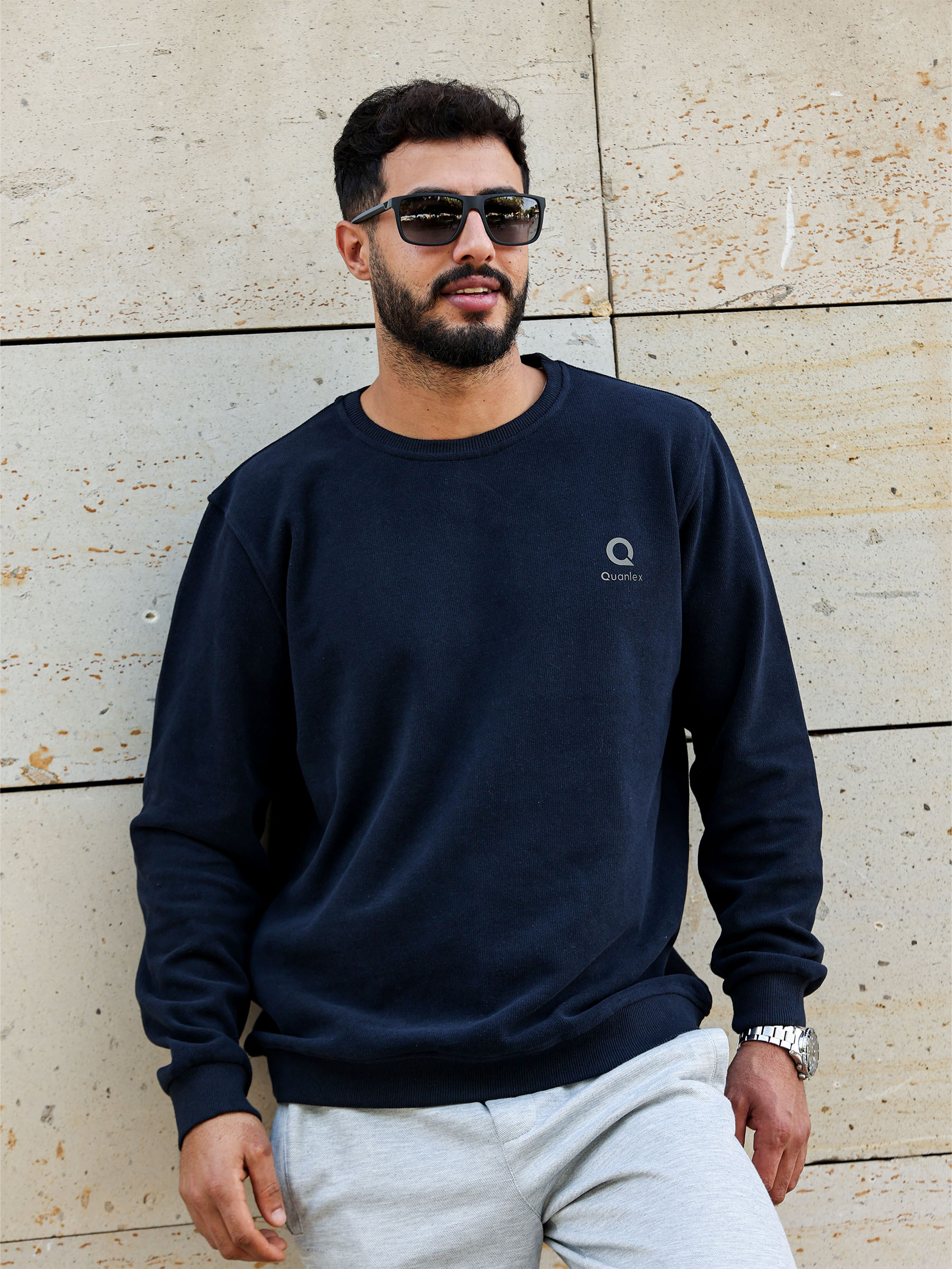 Lacivert Quanlex Selanik Kumaş Bisiklet Yaka Sweatshirt
