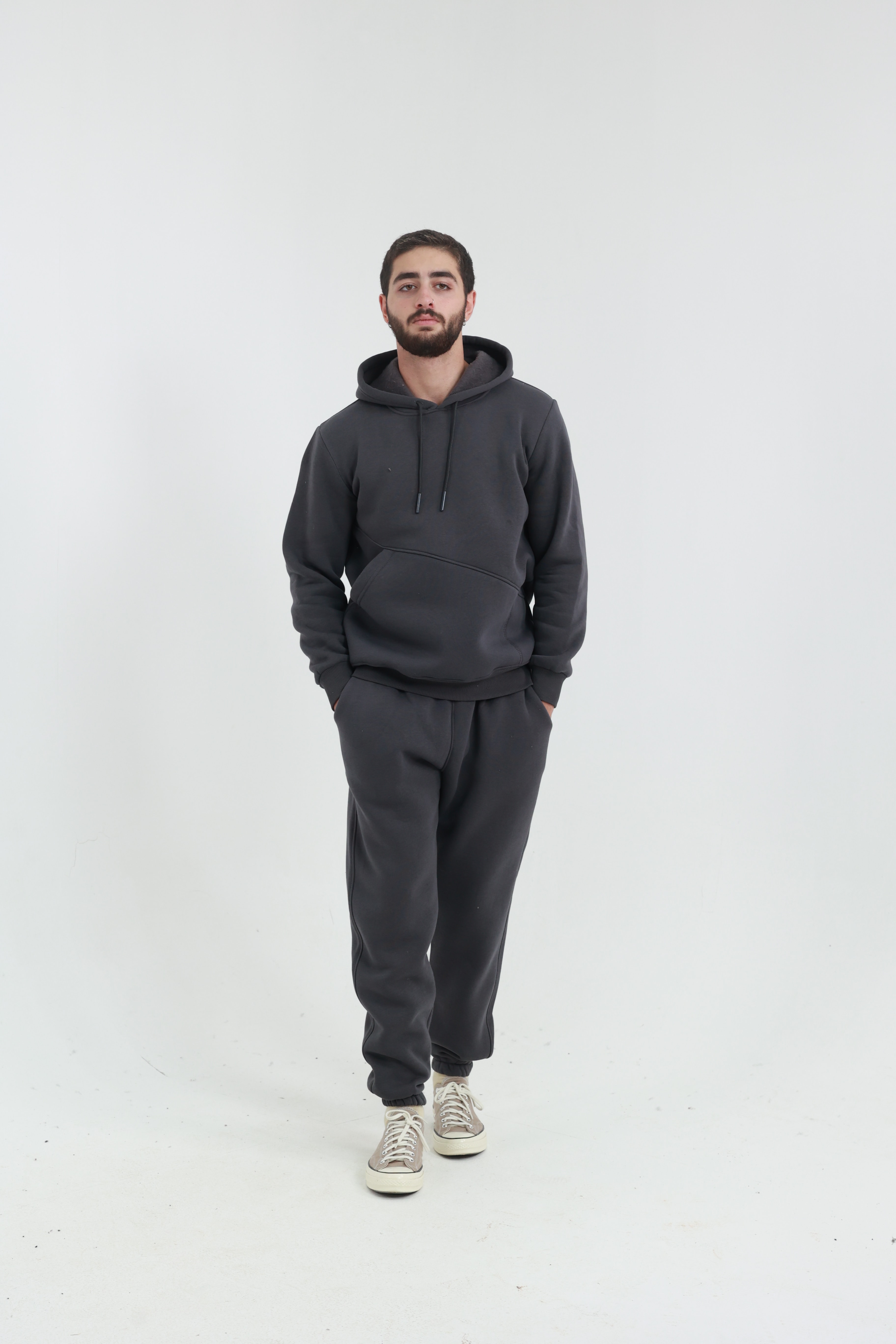 Koyu Füme Erkek Penye Regular Fit Yandan Cepli Sweatshirt 3 İplik Eşofman Takım