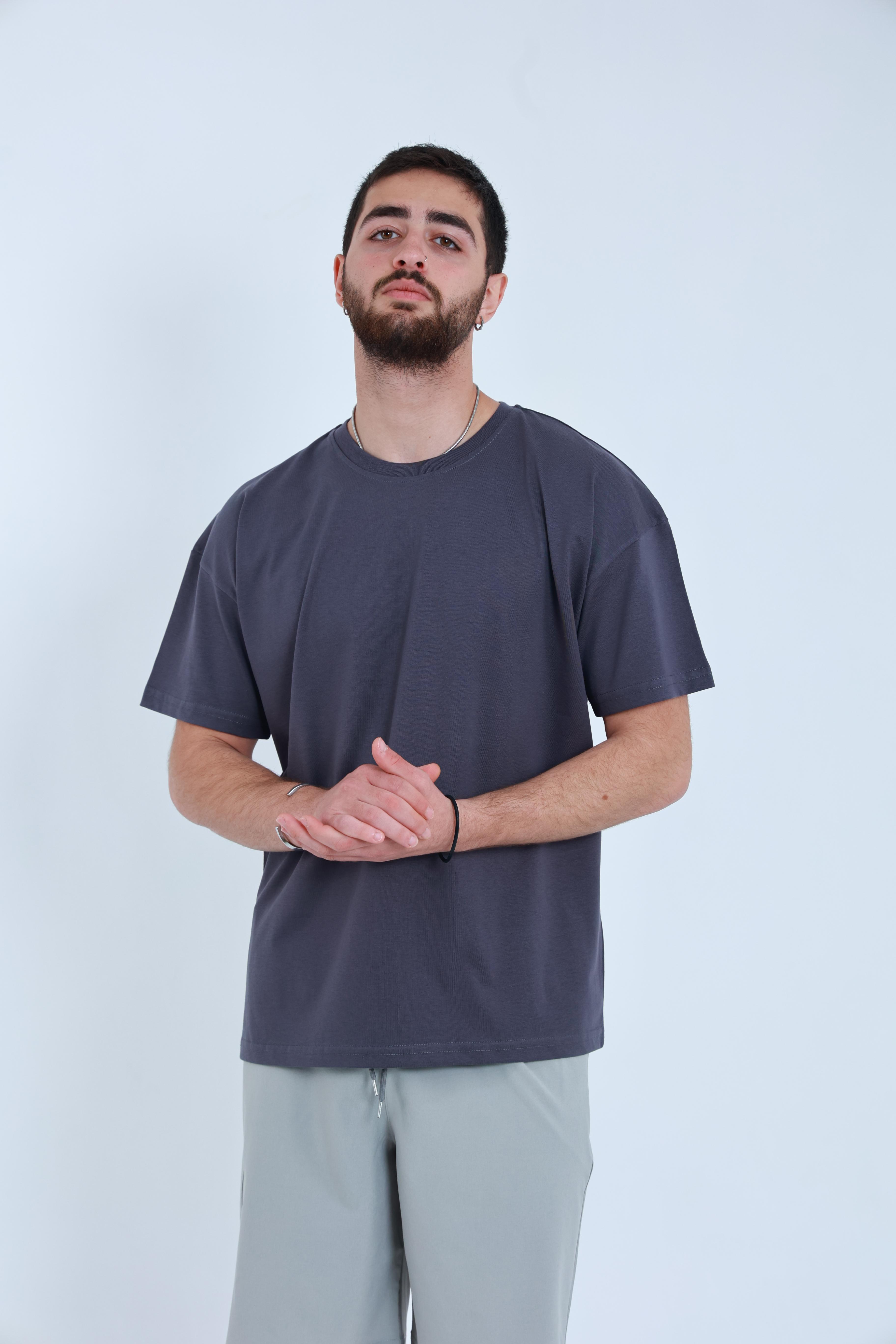 Erkek Penye Oversized T-Shirt Füme
