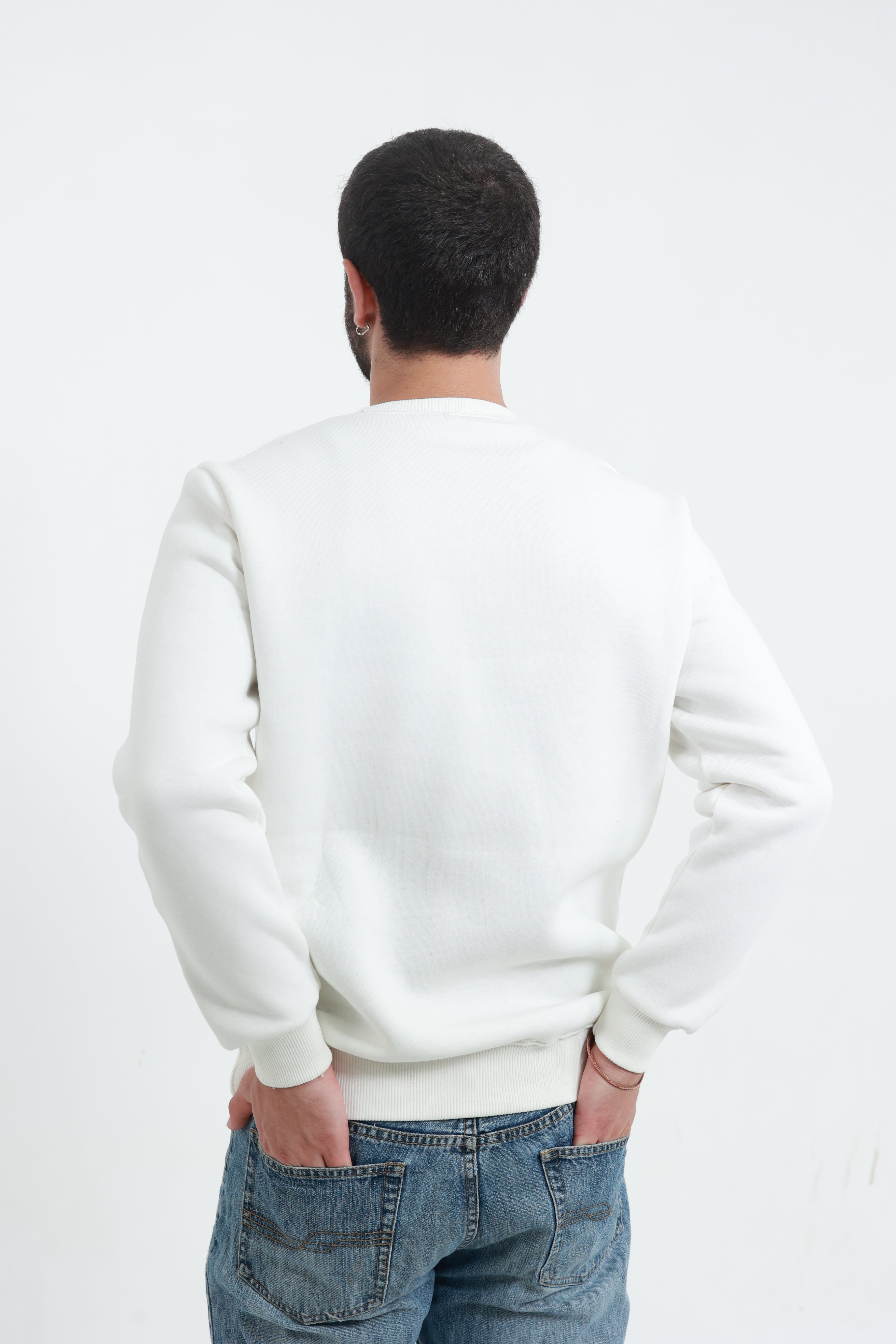 Beyaz Erkek Bisiklet Yaka Sweatshirt
