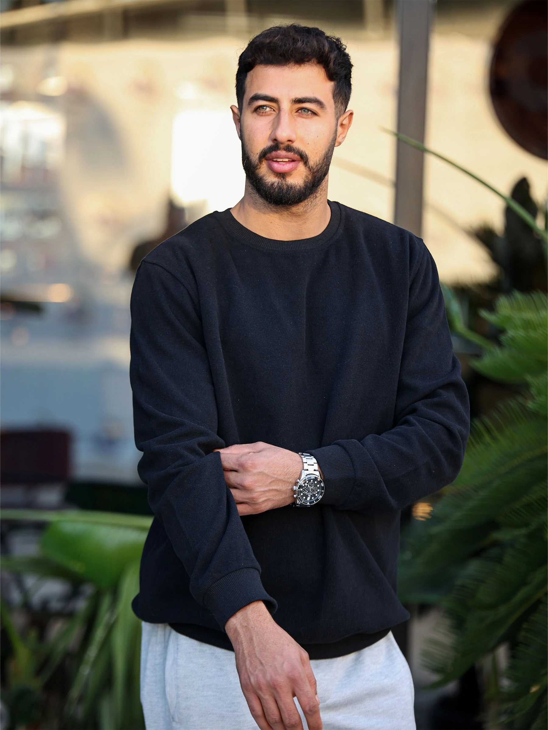 Siyah Selanik Kumaş Bisiklet Yaka Sweatshirt