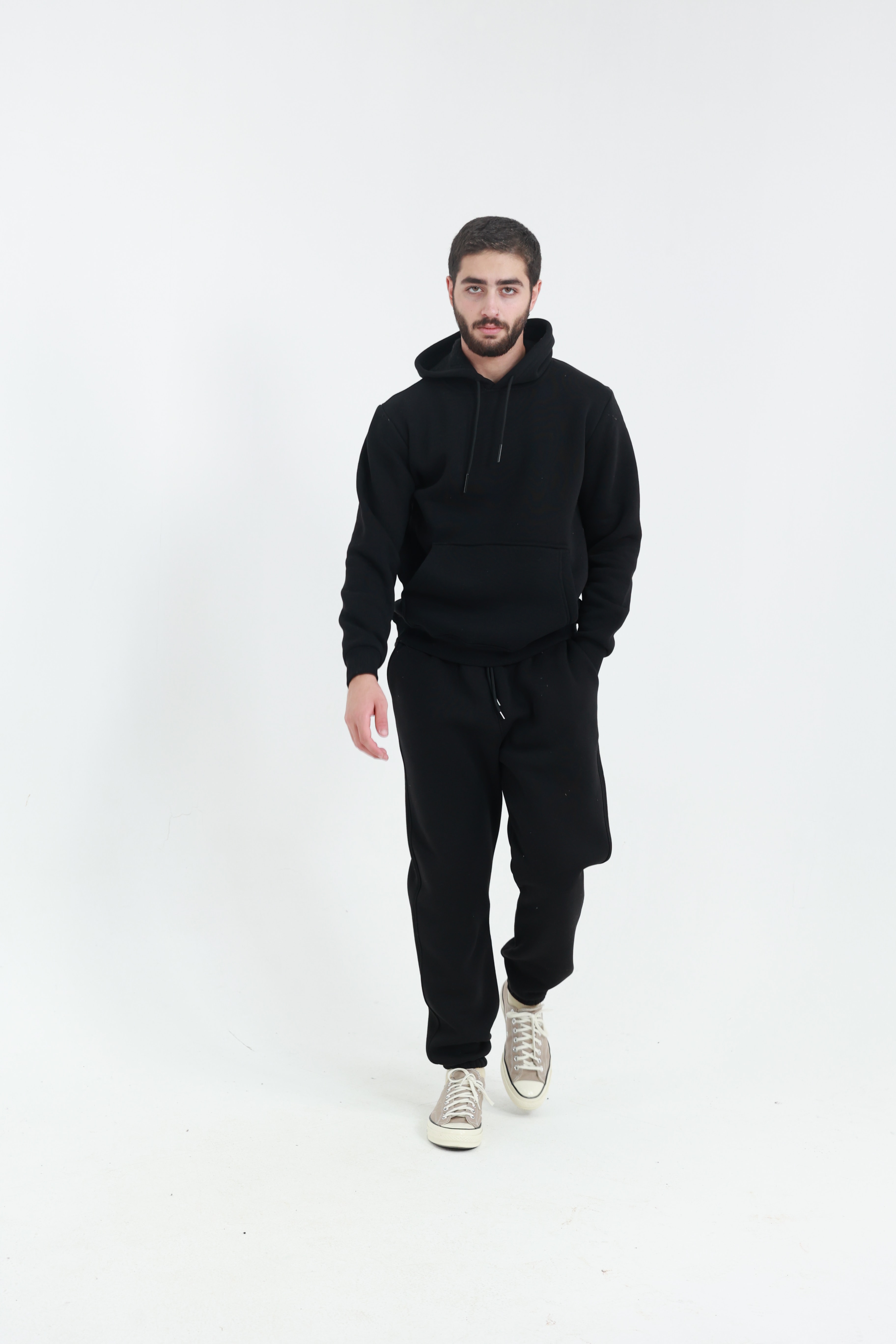 Siyah Penye Regular Fit Kanguru Cepli Sweatshirt 3 İplik Eşofman Takım