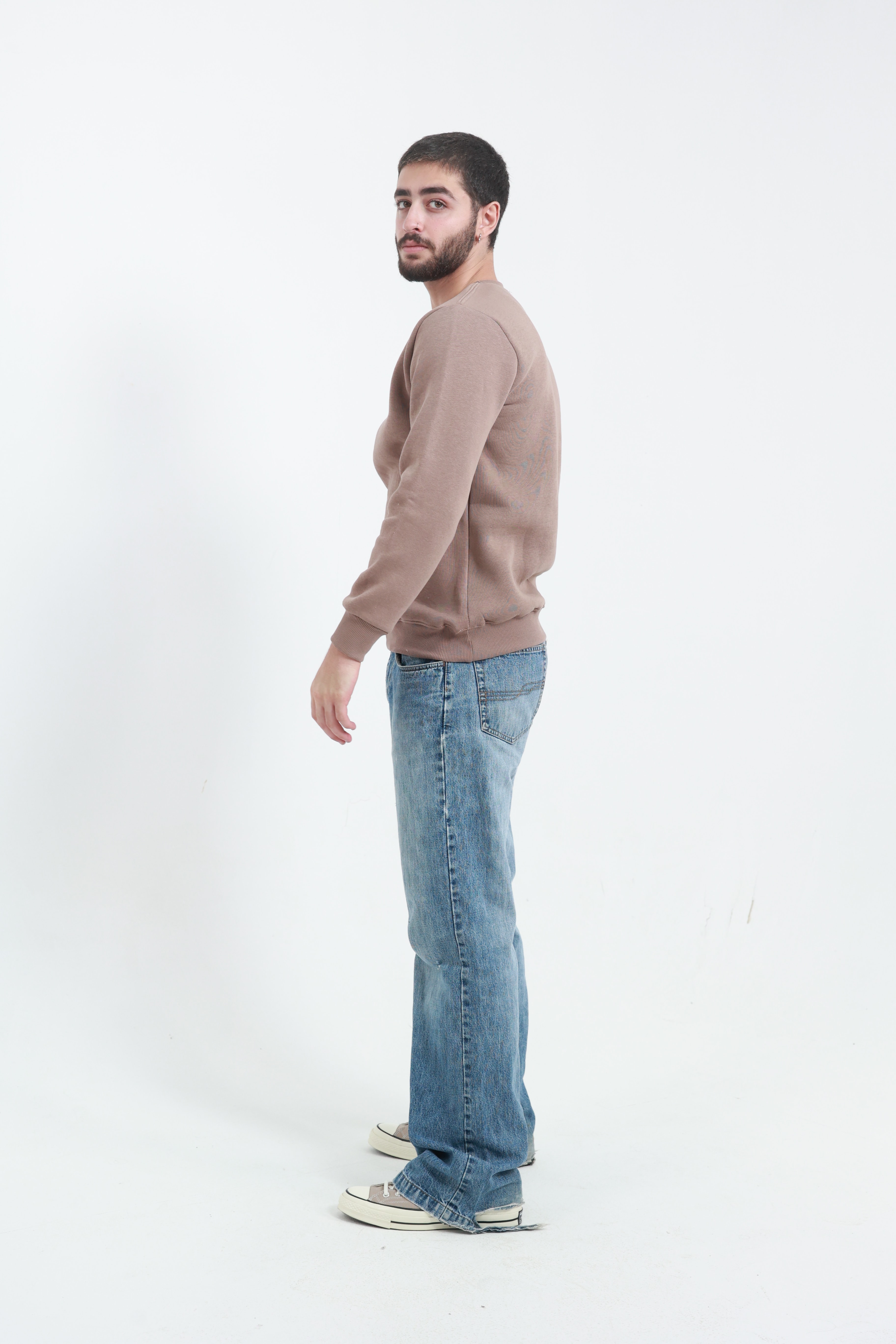 Kahverengi Erkek Bisiklet Yaka Sweatshirt