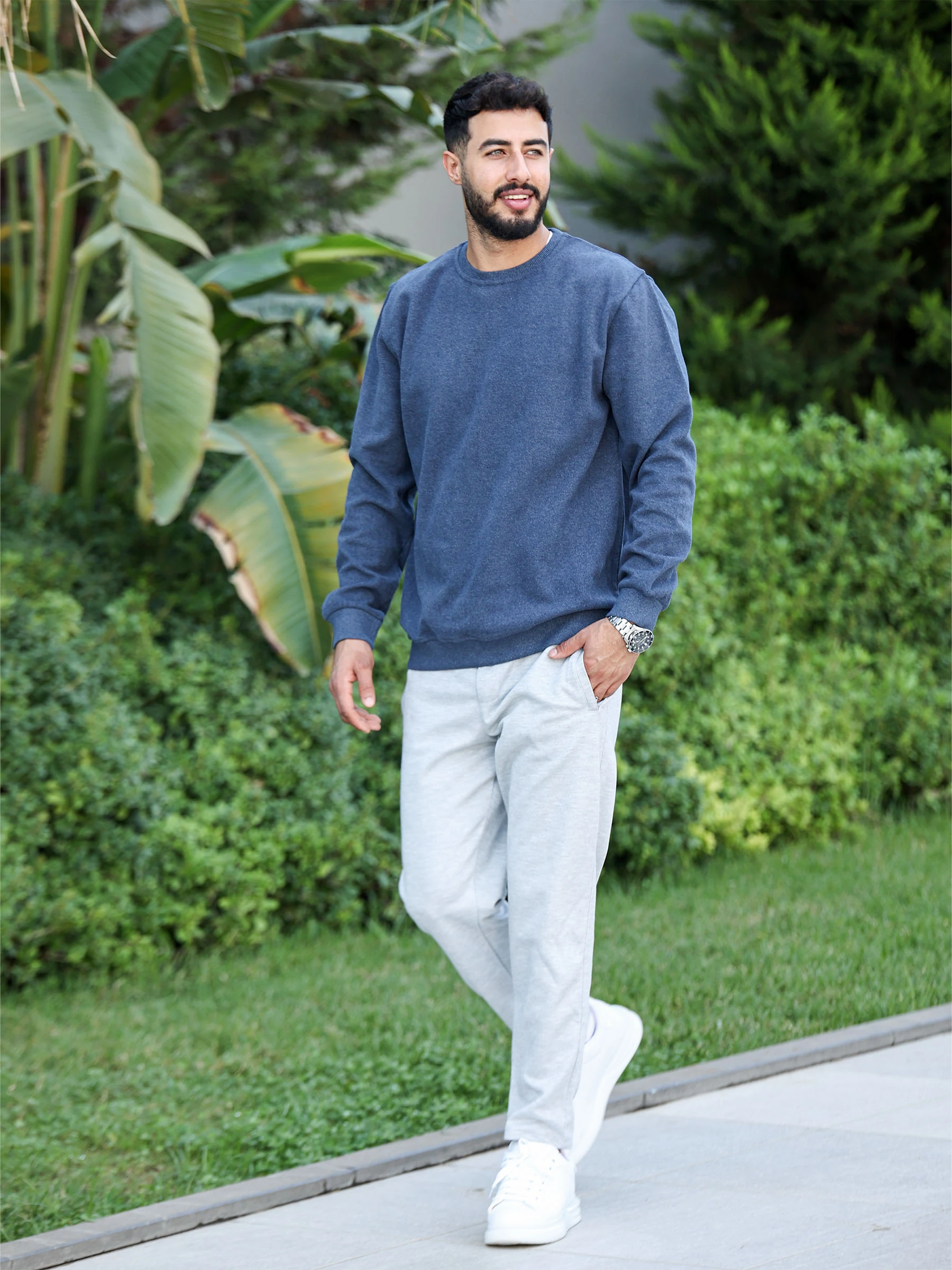 İndigo Selanik Kumaş Bisiklet Yaka Sweatshirt