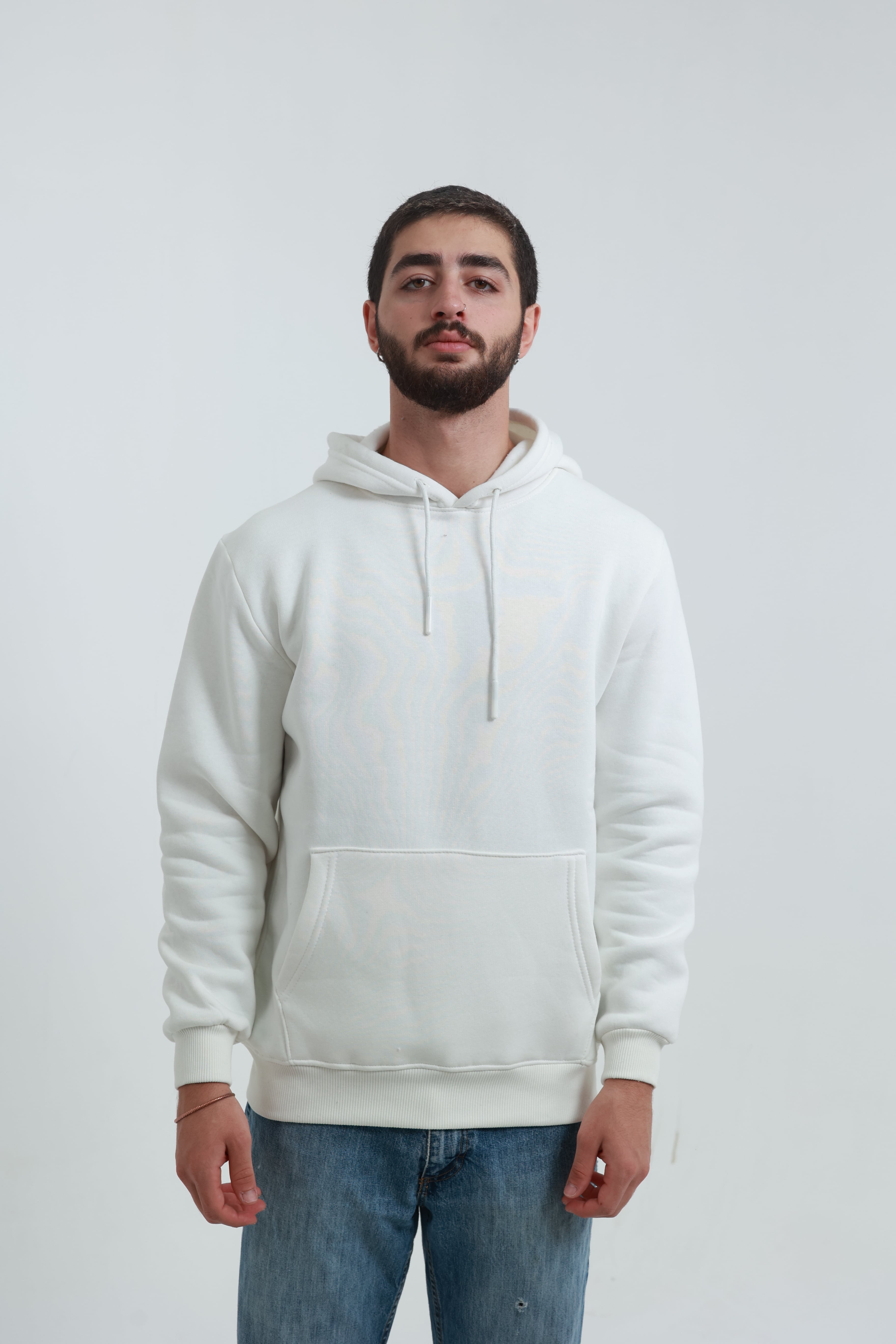 Kanguru Cepli Sweatshirt 3 İplik Beyaz