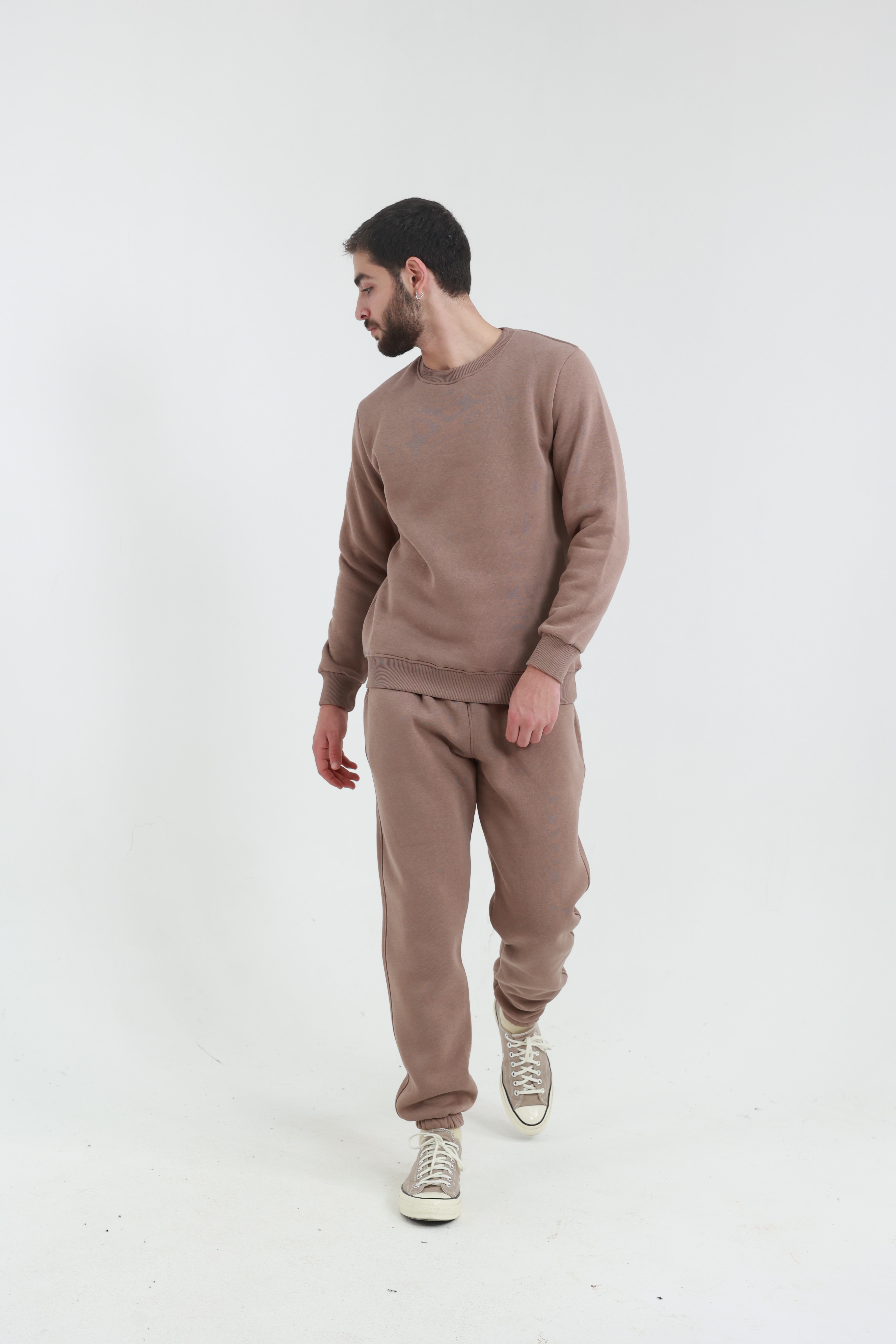 Kahverengi Penye Regular Fit Bisiklet Yaka 3 İplik Eşofman Takım