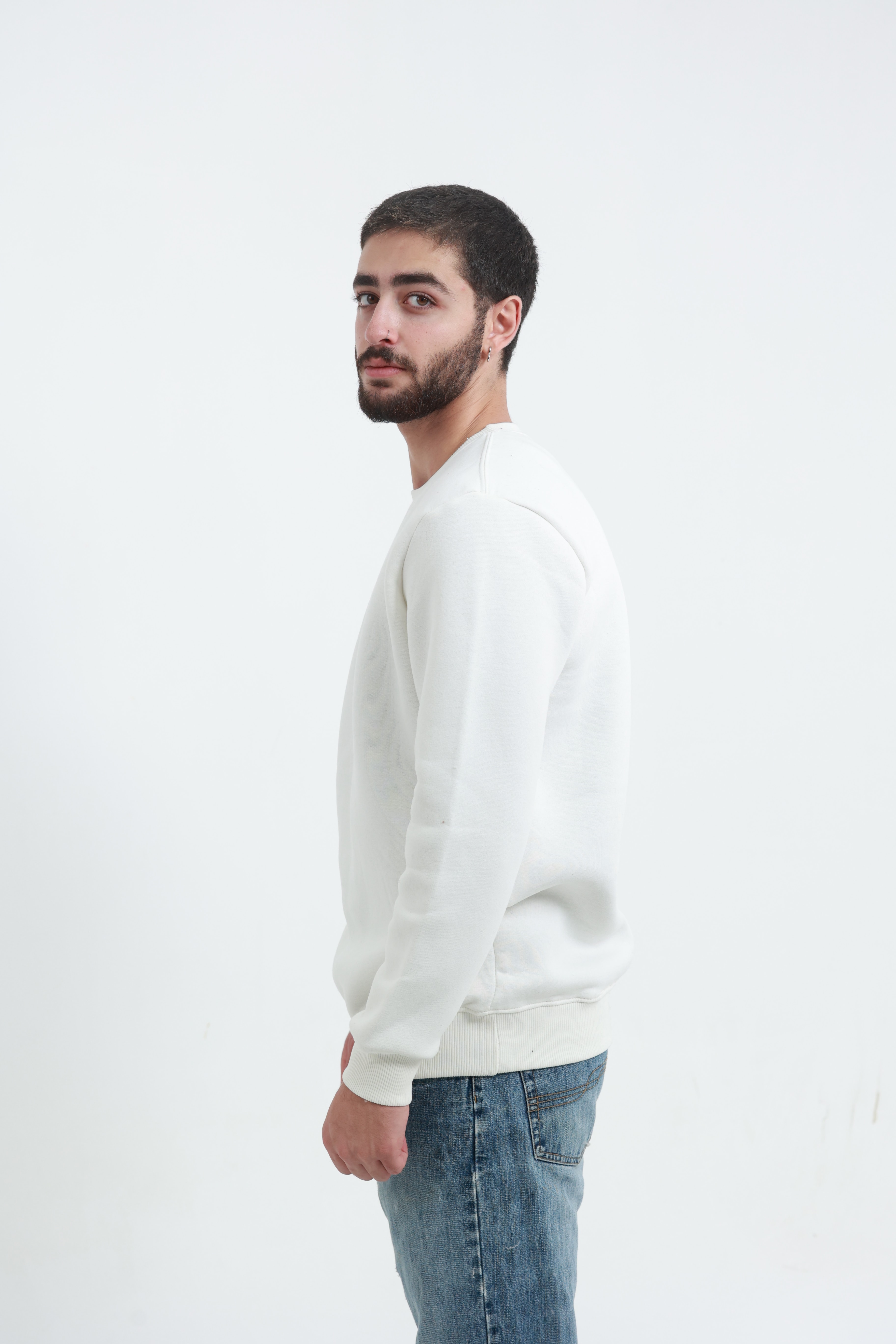 Beyaz Erkek Bisiklet Yaka Sweatshirt
