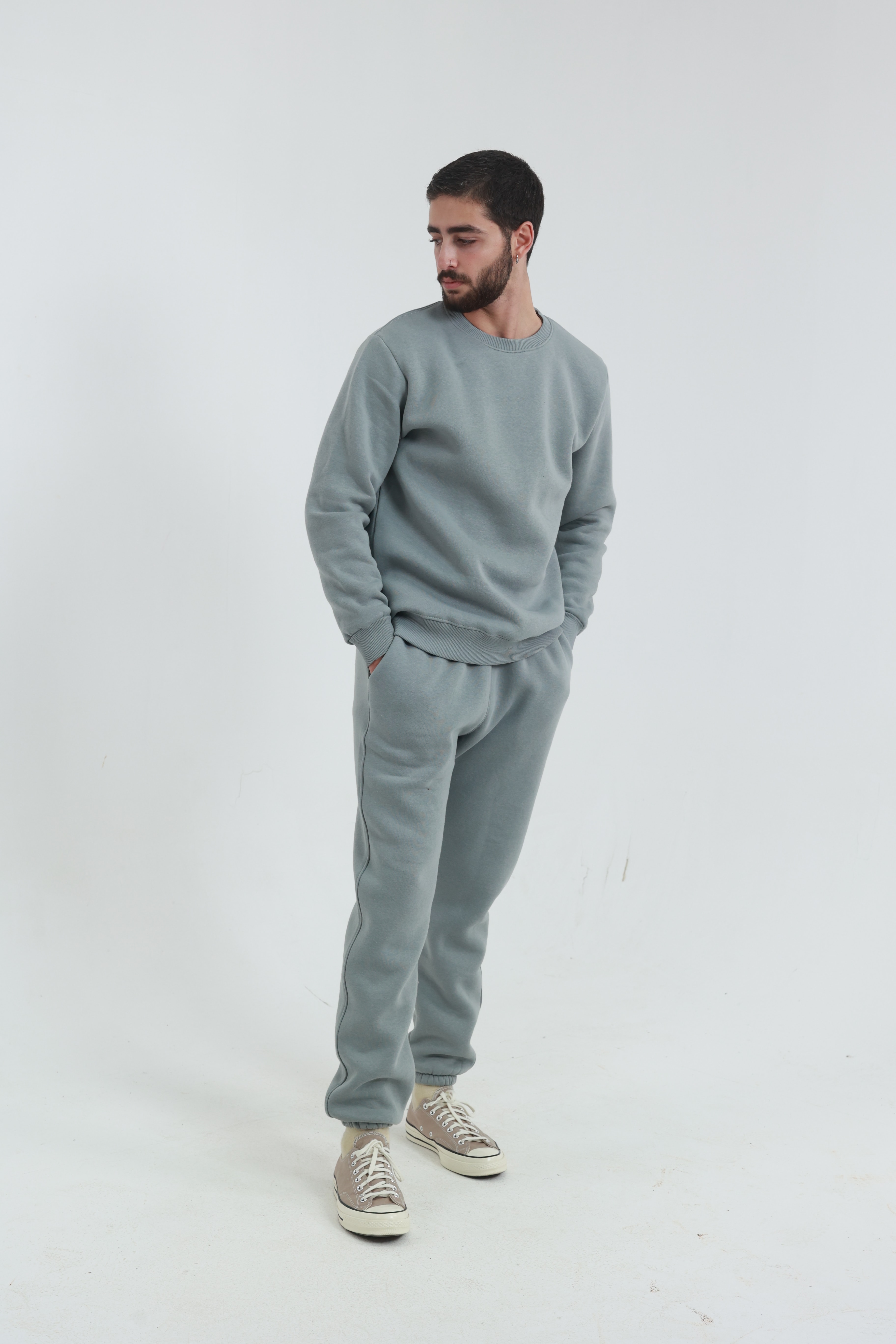 Gri Penye Regular Fit Bisiklet Yaka 3 İplik Eşofman Takım