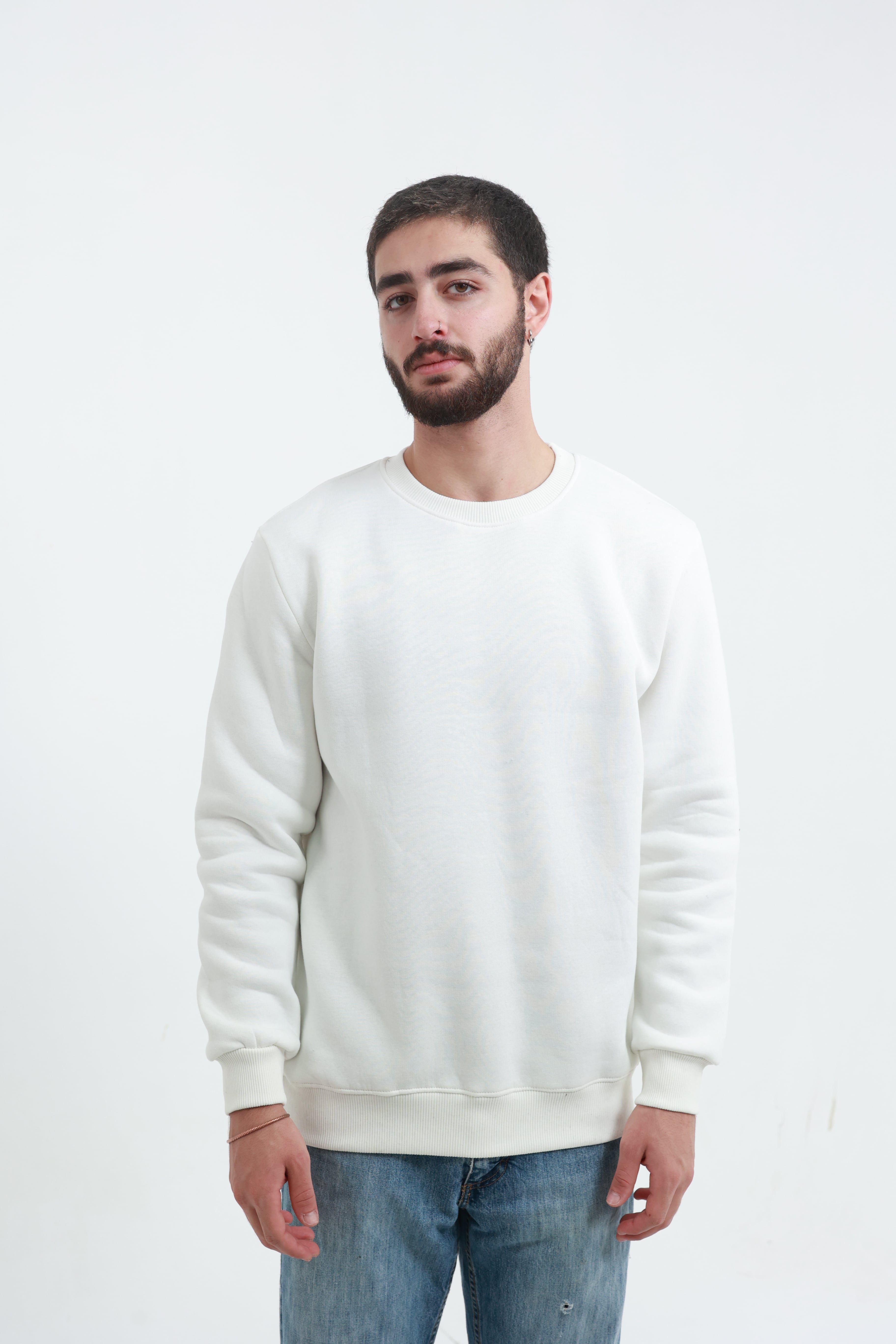 Beyaz Erkek Bisiklet Yaka Sweatshirt