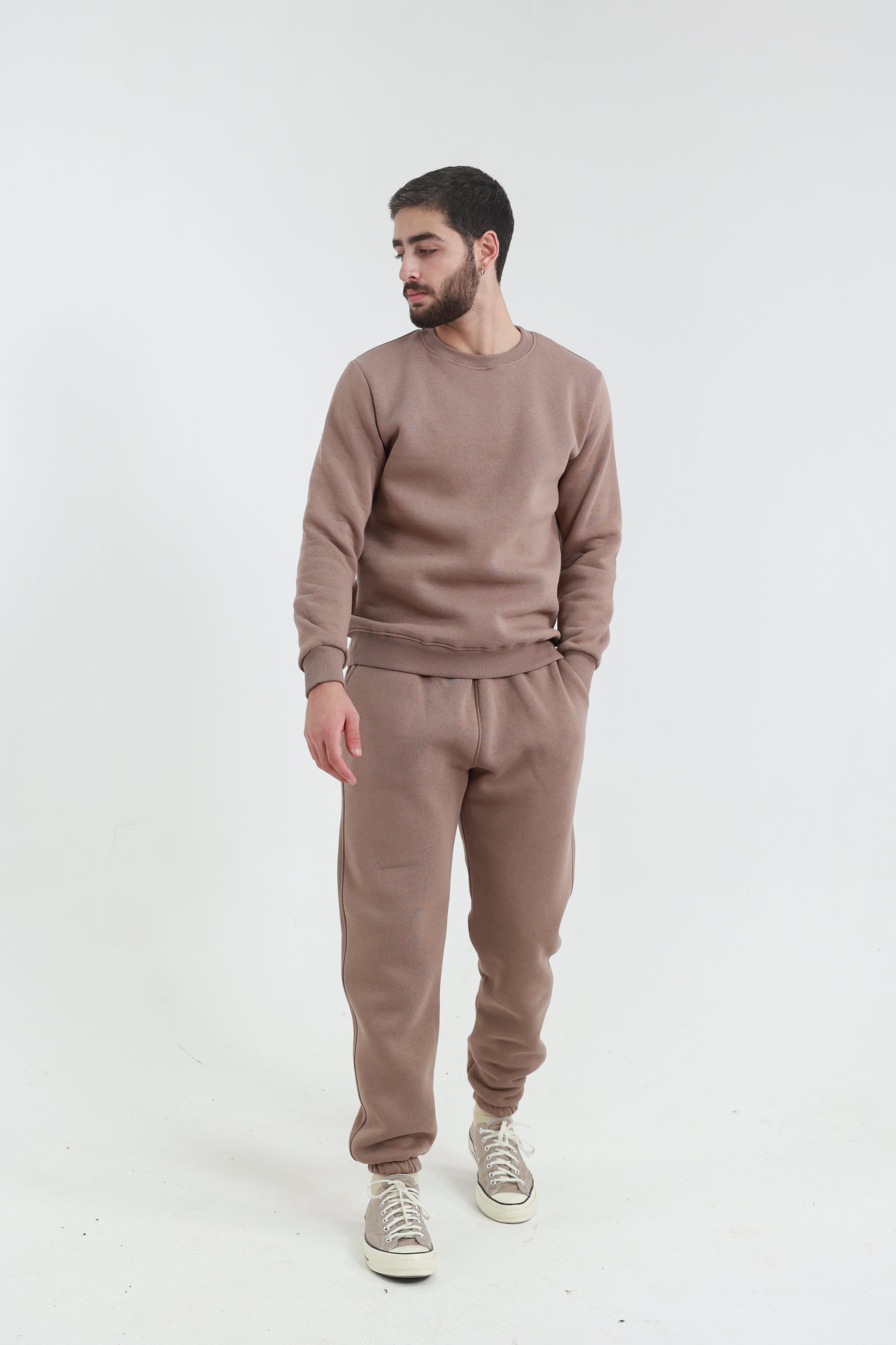 Kahverengi Penye Regular Fit Bisiklet Yaka 3 İplik Eşofman Takım