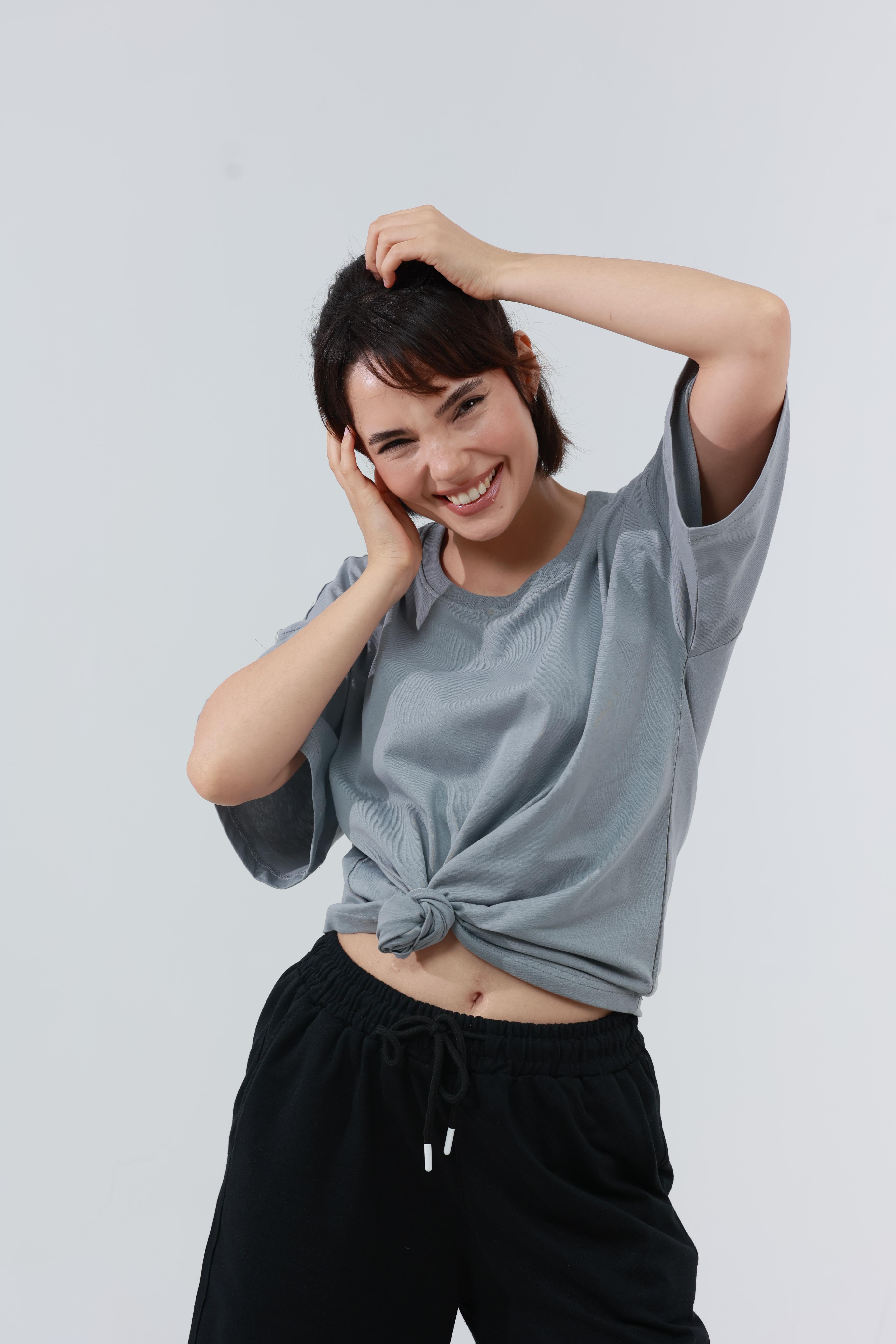 Kadın Penye Oversized T-Shirt Gri
