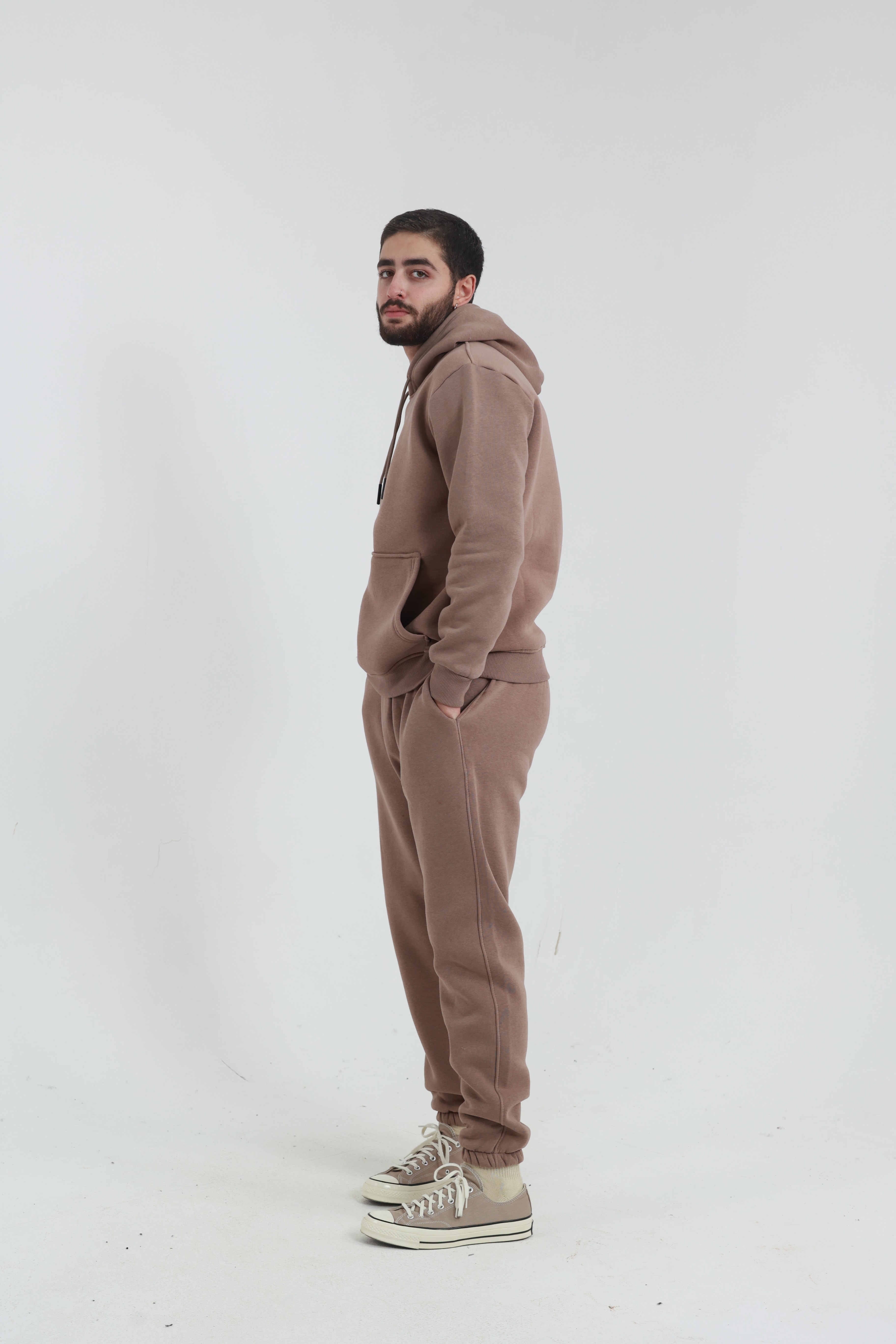 Kahverengi Penye Regular Fit Kanguru Cepli Sweatshirt 3 İplik Eşofman Takım