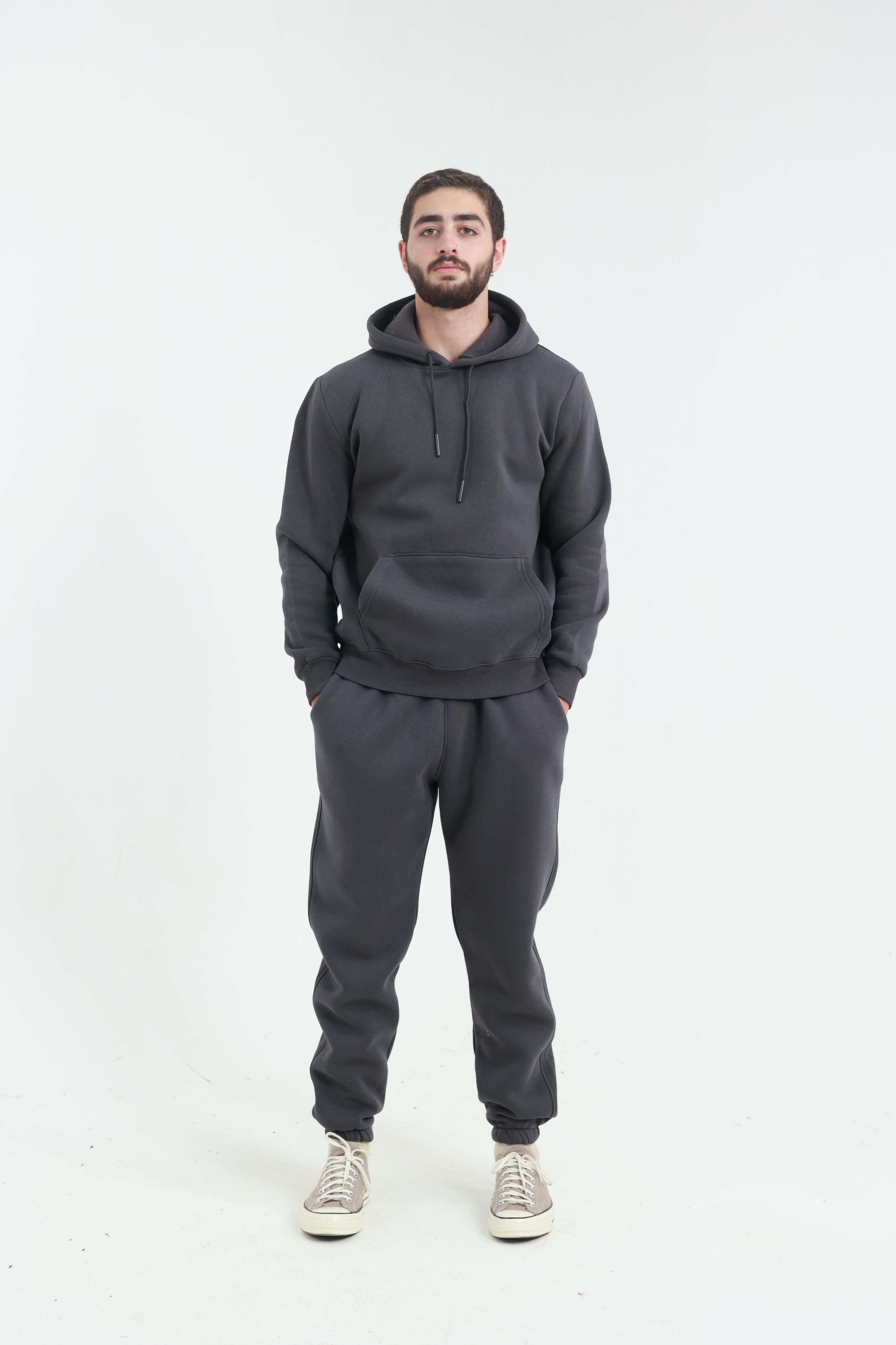 Koyu Füme Penye Regular Fit Kanguru Cepli Sweatshirt 3 İplik Eşofman Takım
