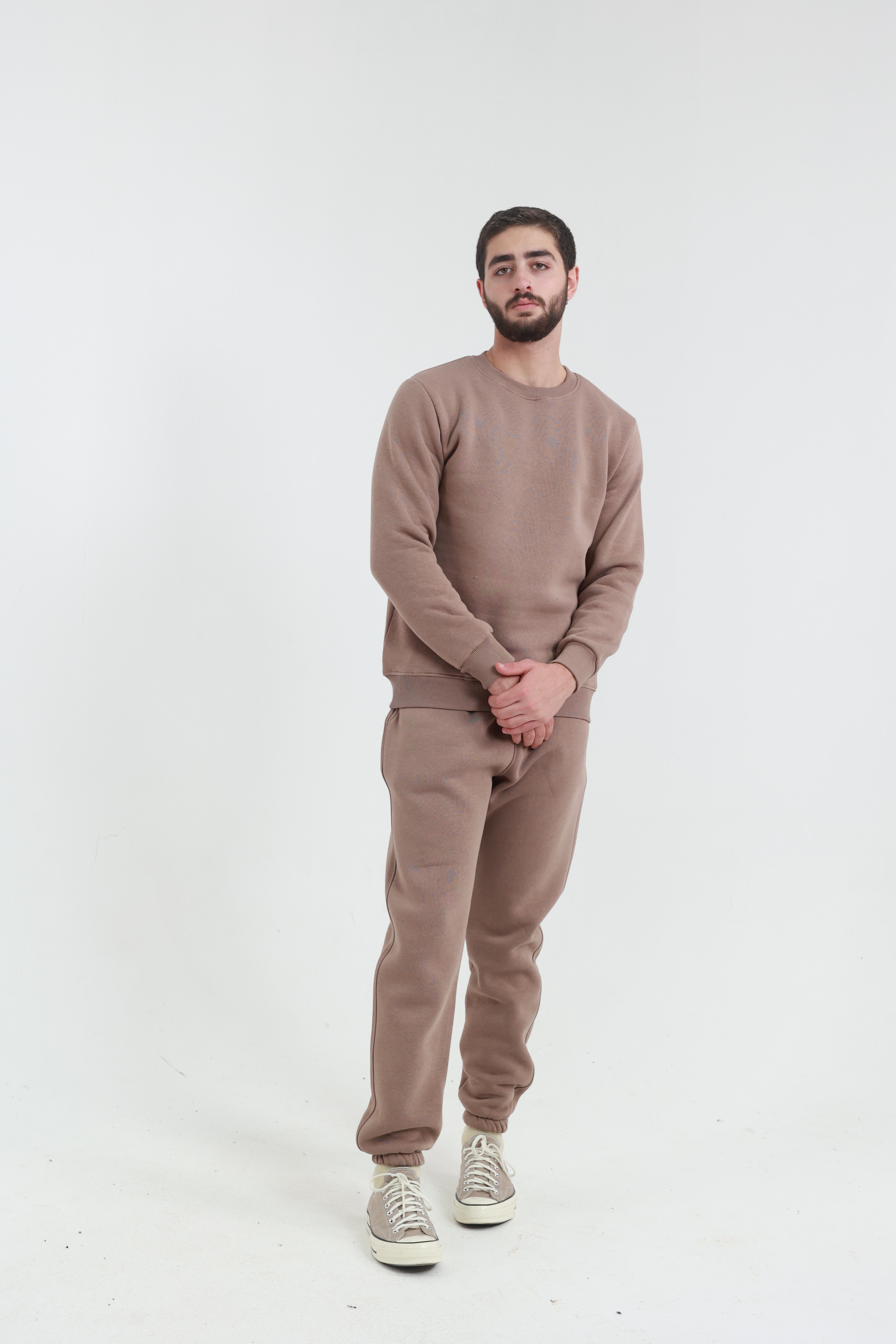 Kahverengi Penye Regular Fit Bisiklet Yaka 3 İplik Eşofman Takım