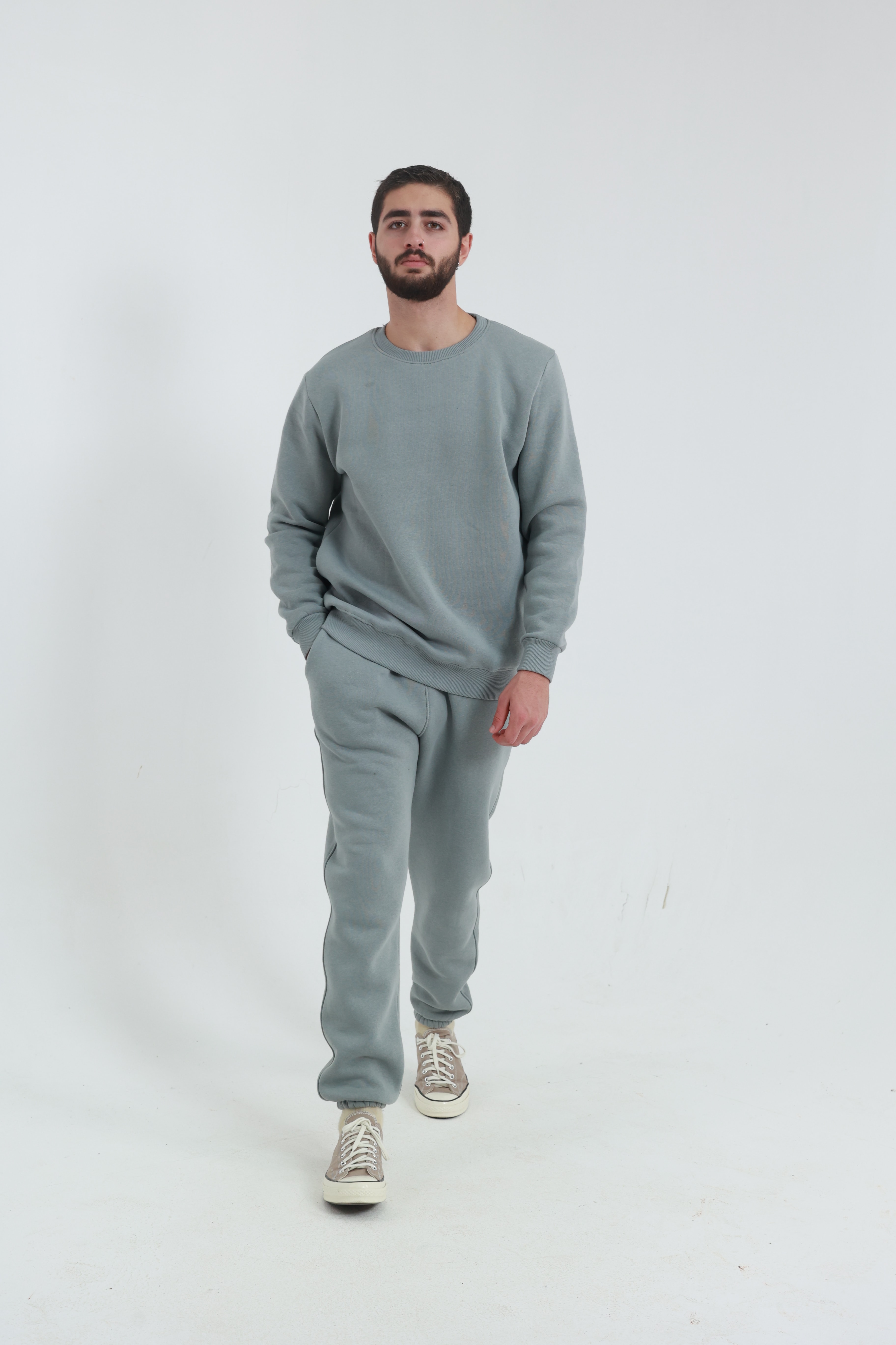 Gri Penye Regular Fit Bisiklet Yaka 3 İplik Eşofman Takım