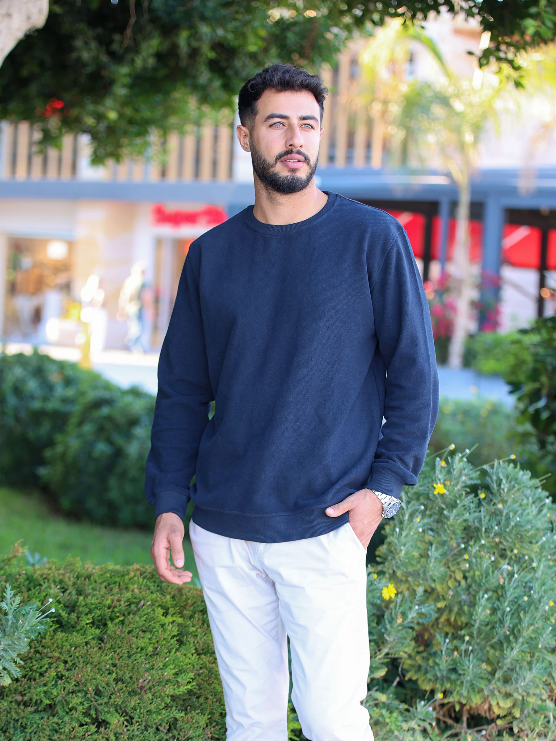 Lacivert Selanik Kumaş Bisiklet Yaka Sweatshirt