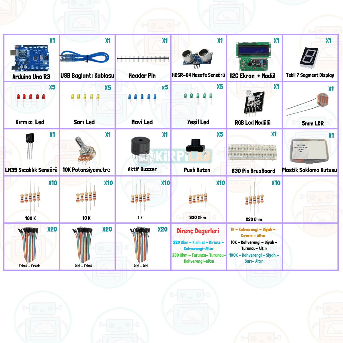 Kirpilab Arduino Başlangıç Seti 26 Parça 148 Bileşenli Maker Seti + Saklama Kutulu