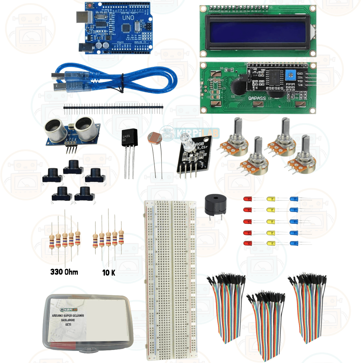 Kirpilab Arduino Uno R3 Başlangıç Seti (20 Parça 124 Bileşenli - LCD Ekranlı Maker Seti) + Saklama Kutulu