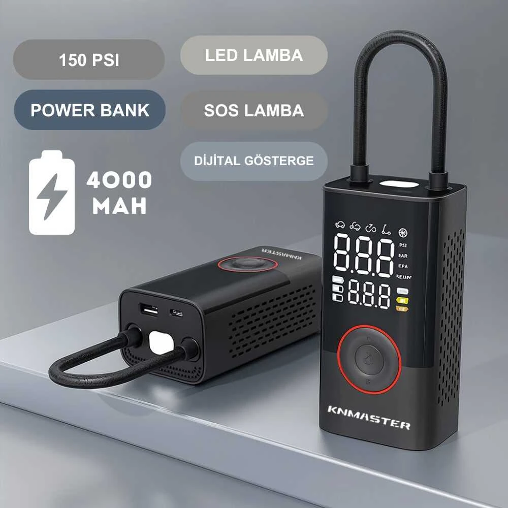 KNMASTER LP200 - 150 PSI DİJİTAL GÖSTERGELİ ŞARJLI HAVA POMPASI