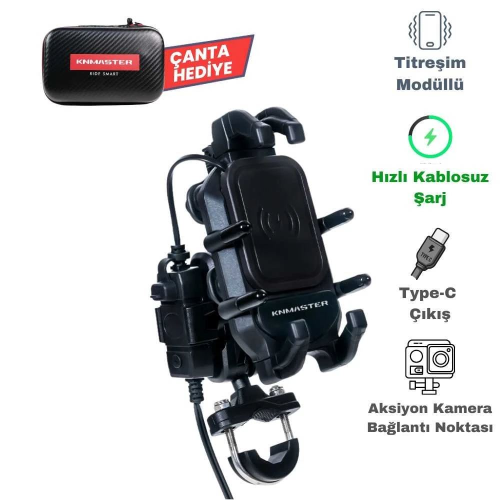 KNMASTER TT-860WU KABLOSUZ ŞARJLI TÜM MOTOSİKLETLERE UYUMLU TELEFON TUTUCU