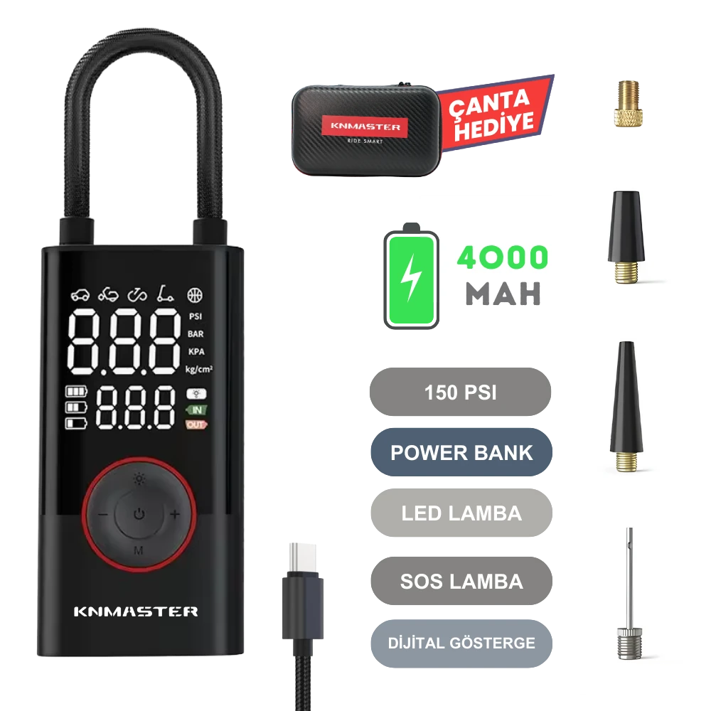 KNMASTER LP200 - 150 PSI DİJİTAL GÖSTERGELİ ŞARJLI HAVA POMPASI