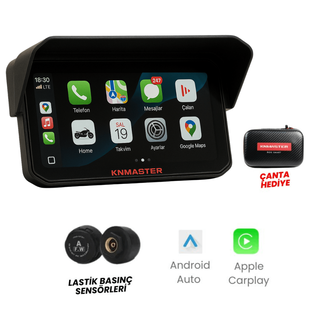 KNMASTER MOTOPLAY 1500-6.25 TPMS SENSÖRLÜ KABLOSUZ CARPLAY - ANDROİD AUTO DESTEKLİ MOTOSİKLET MULTİ MEDYA EKRANI