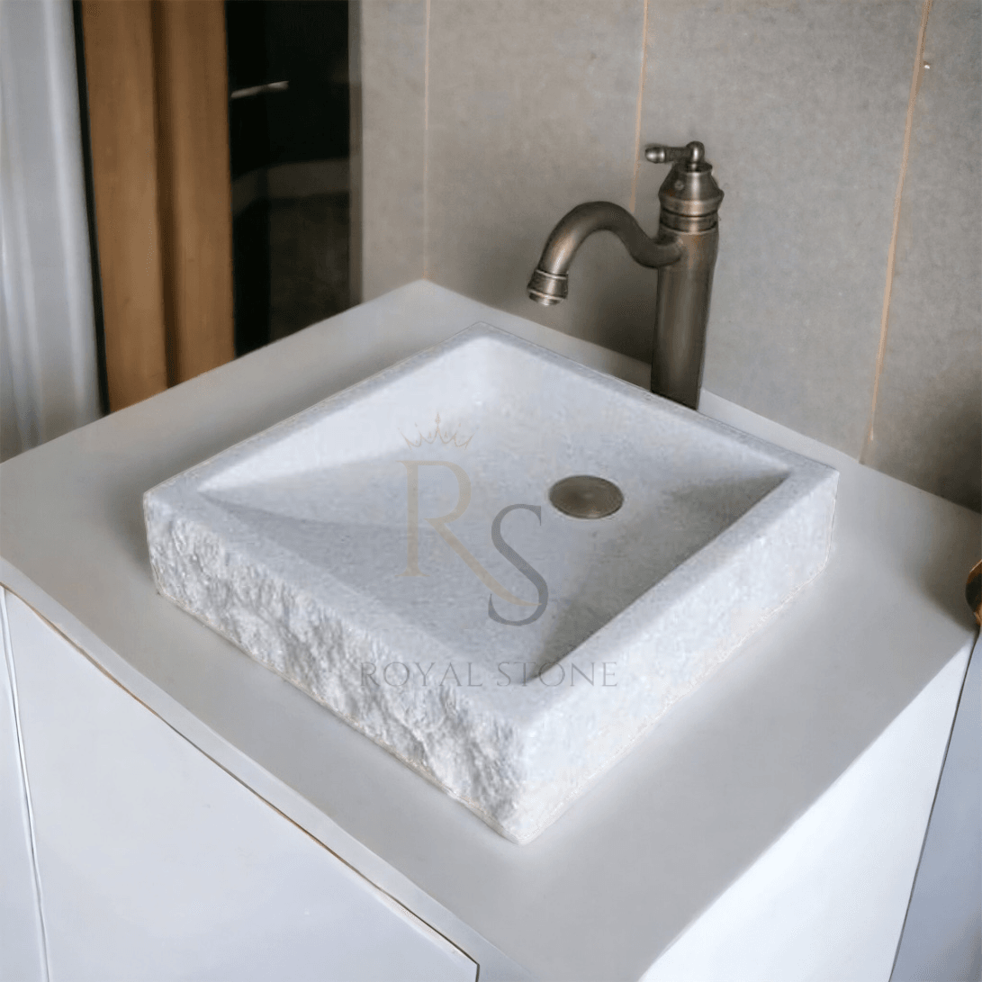 Natural White Stone Farmhouse Rectangular Sink, Cornered Chiseled Marble Bathroom Vessel Sink Vanity, %100 Natural Marble Handmade Washbasin