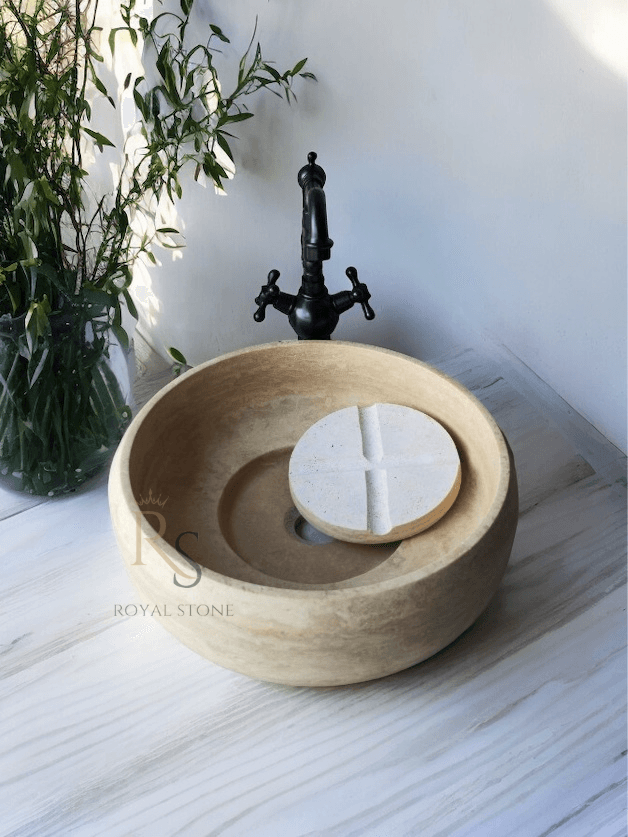 Travertine Marble Powder Bathroom Sink, Marble Vessel Sink, Made to Order Round Sink, High Quality Marble Farmhouse Sink