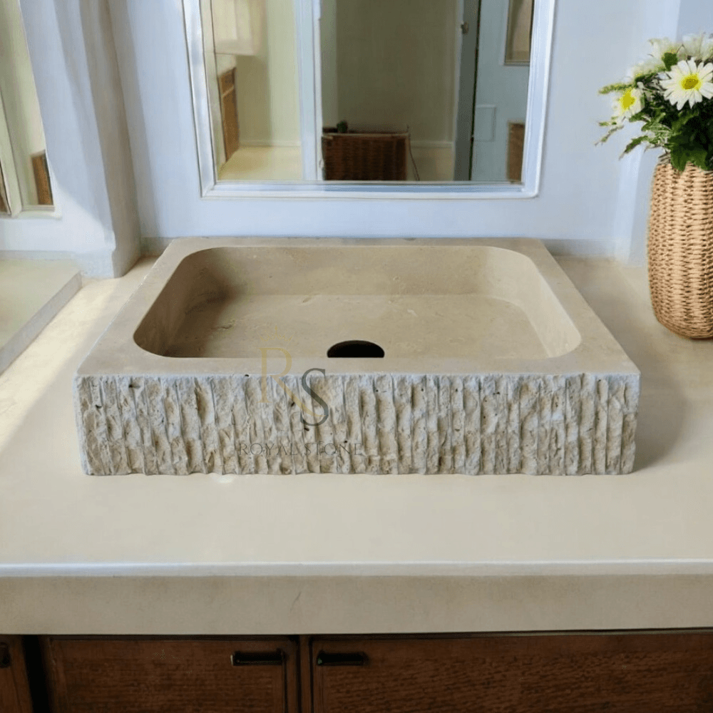 Gorgeous Natural Stone Sink, Chiseled Travertine Marble Sink, Powder Room Rectangle Sink, Made to Order Sink, Vessel Sink