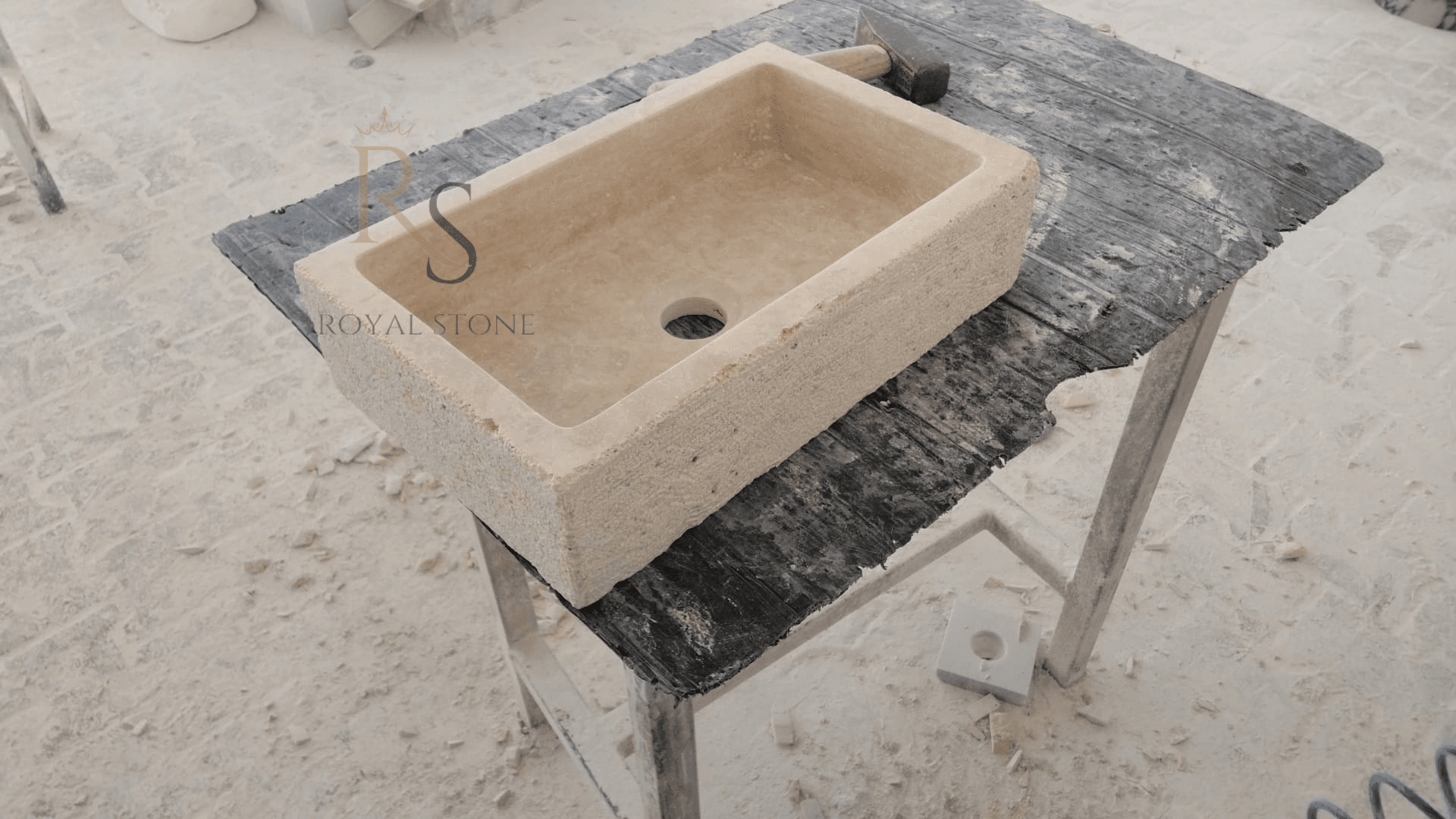 Natural Stone Roughish Exterior Vanity, Cream Marble Rectangle Sink, Tiny Powder Room Sink, Chiseled Stone Sink, Small Marble Sink