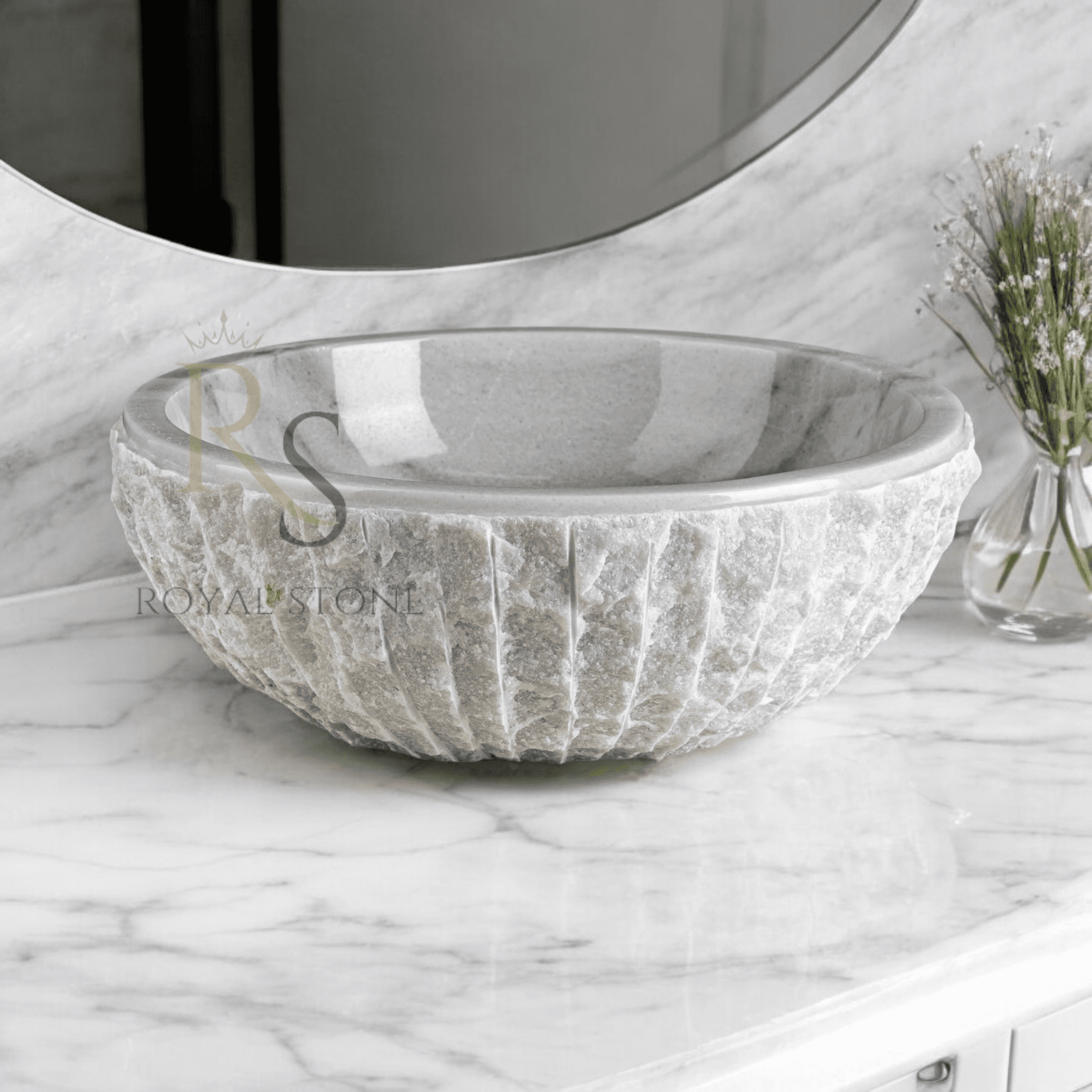 White Marble Powder Room Sink, Gorgeous Sink, Natural Stone Roughish Exterior Vanity Sink, Chiseled Stone Custom Sink, Marble Sink Bowl