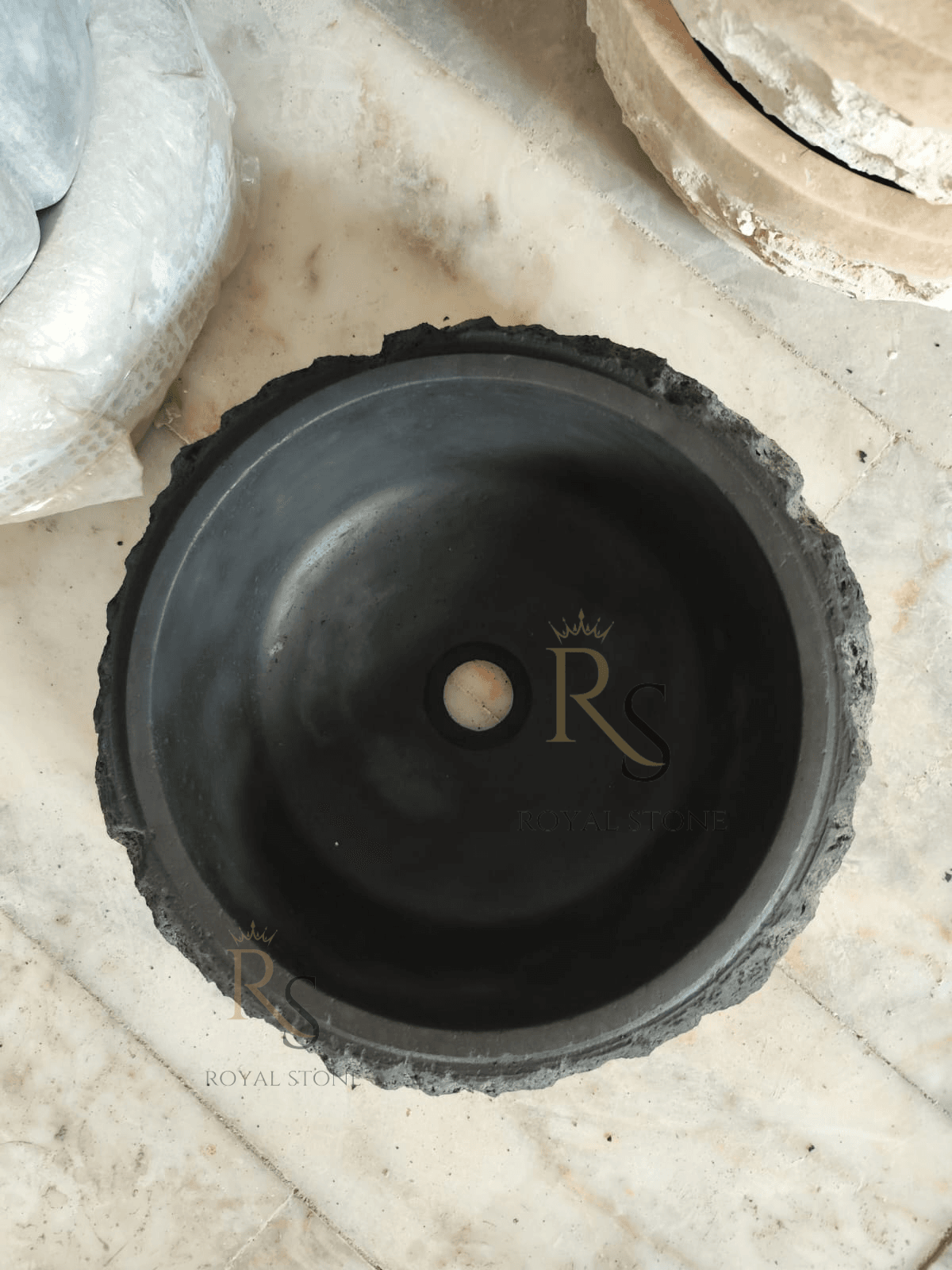 Chiseled Stone Black Round Sink, Made to Order Sink, Natural Black Stone Vessel Sink, Natural Marble Sink