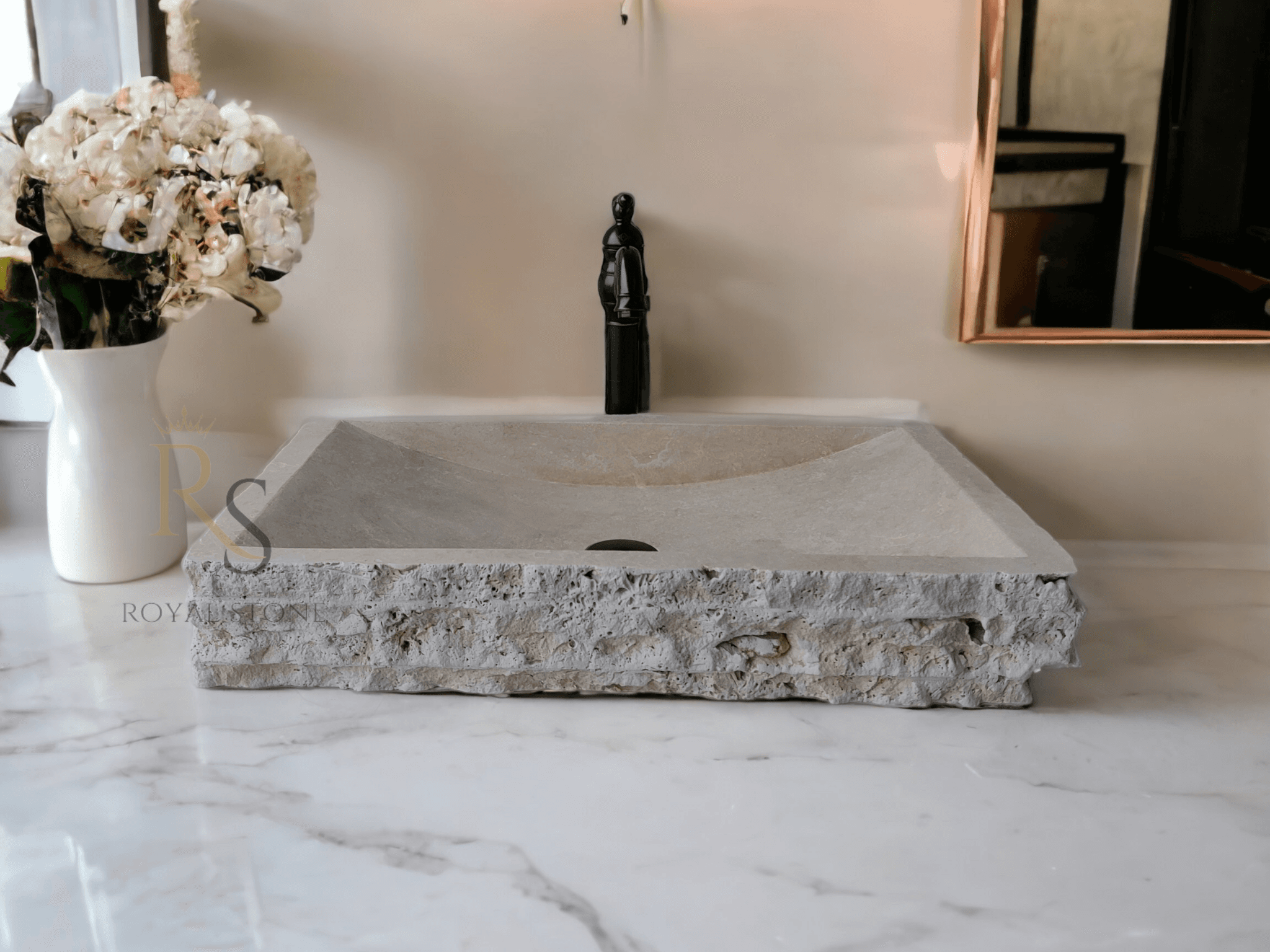 Chiseled Travertine Marble Powder Bathroom Rectangle Sink, Made to Order Cream Marble Sink