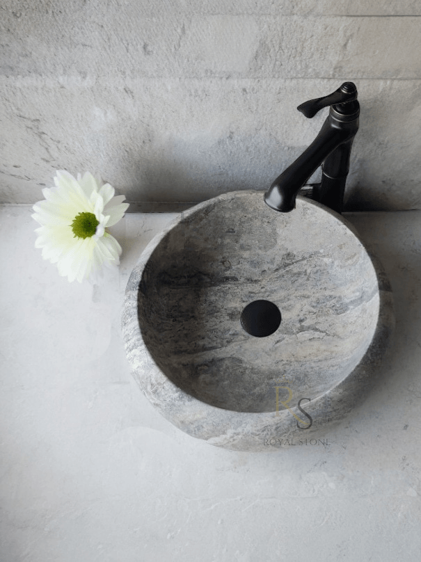 Grey Marble Bowl Sink, Travertine Sink, Round Silver Marble Sink, Powder Room Sink, Countertop Sink