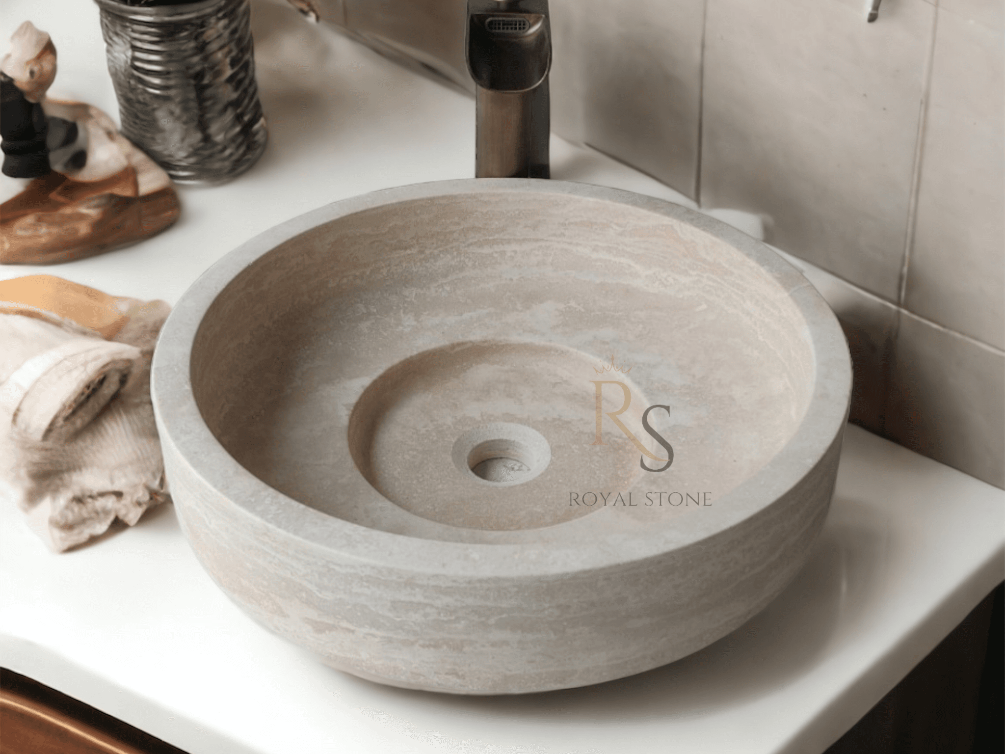 Travertine Marble Bathroom Sink, Natural Stone Vessel Sink, Travertine Hidden Drain Sink