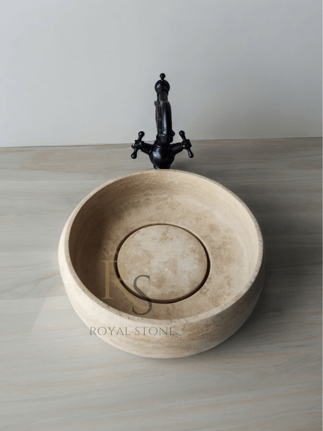 Travertine Marble Powder Bathroom Sink, Marble Vessel Sink, Made to Order Round Sink, High Quality Marble Farmhouse Sink