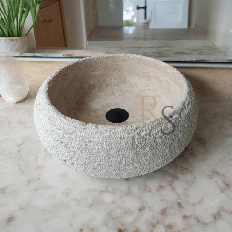 Natural Stone Roughish Exterior Vanity Sink, Cream Marble Sink, Powder Room Sink, Chiseled Travertine Stone Sink, Marble Sink