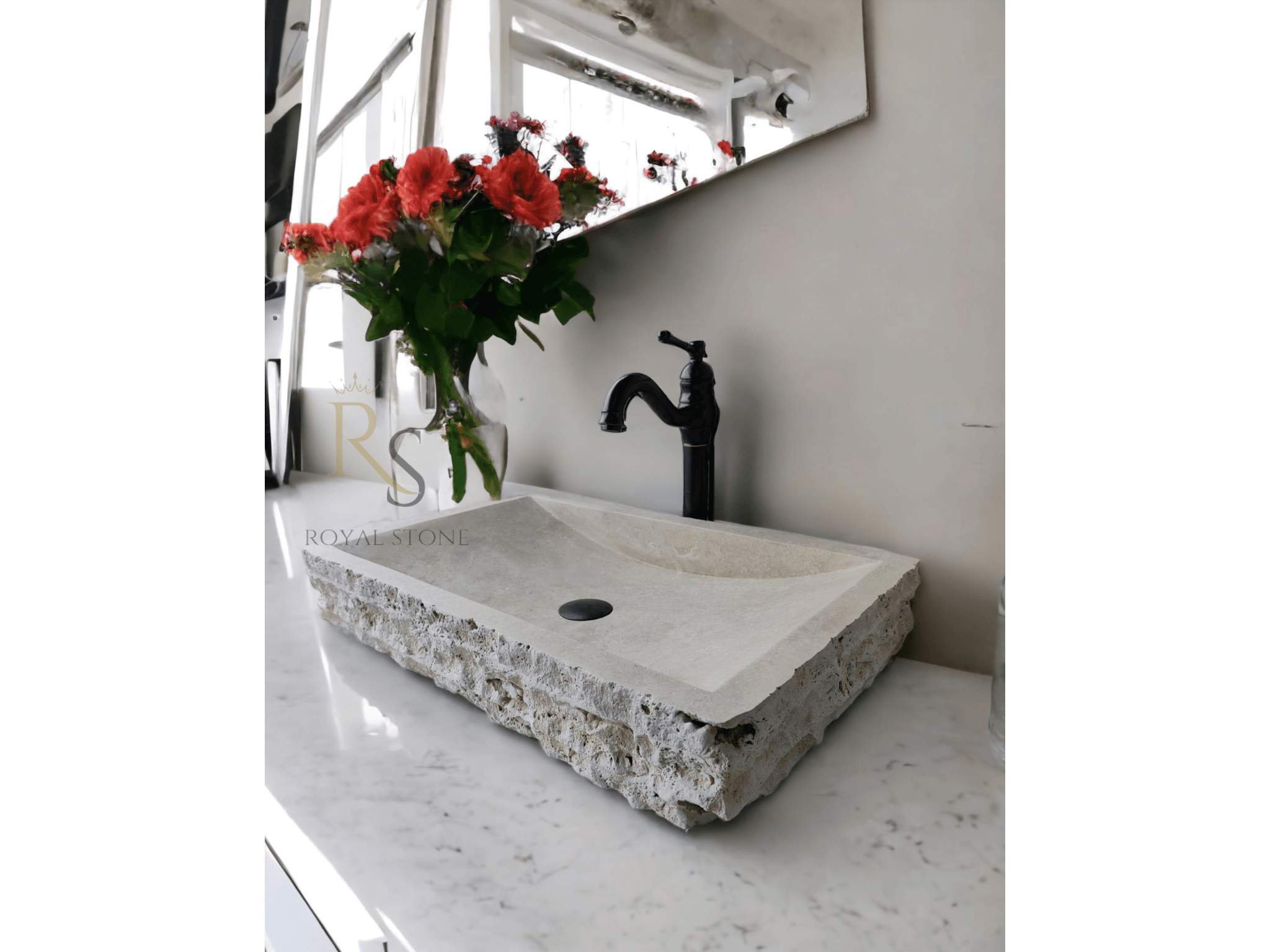 Chiseled Travertine Marble Powder Bathroom Rectangle Sink, Made to Order Cream Marble Sink